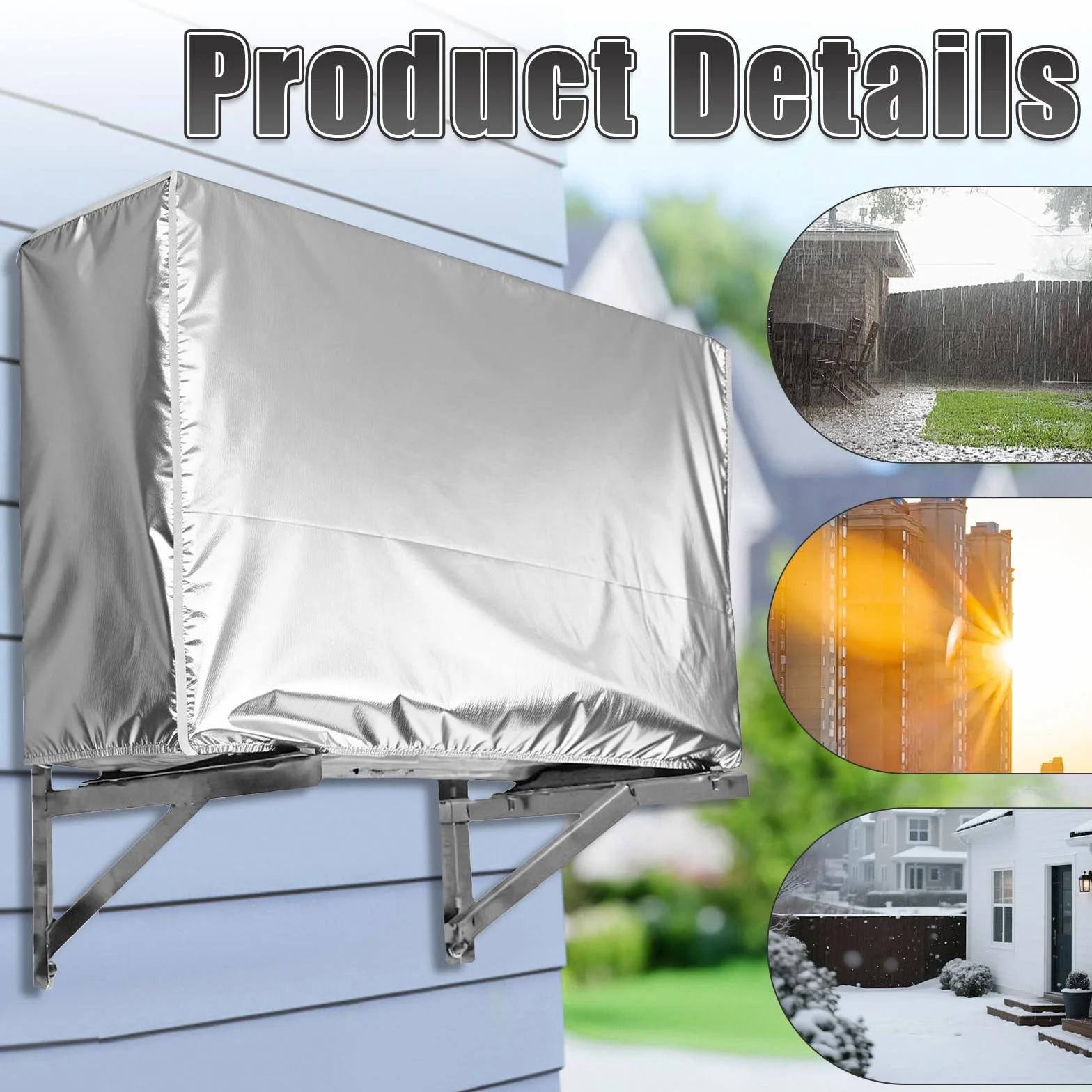 Couvercle de Climatiseur Extérieur, Cache Clim Extérieur, Housse de Protection pour Unité Extérieure de Climatiseur 1.5p, Housse Pompe a Chaleur Piscine 86x35x60cm (Argenté)