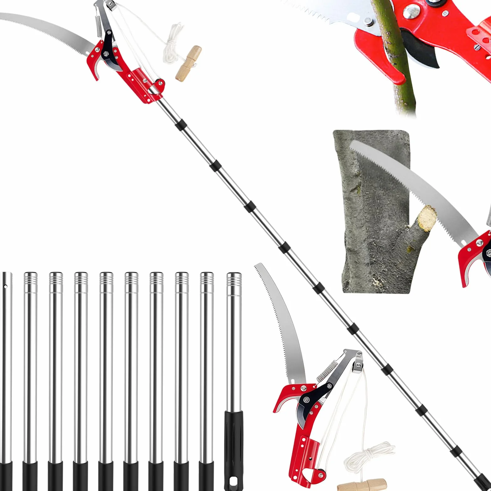 Coupe Branche Telescopique avec Lame en Acier au Carbone SK5, Secateur Telescopique 2 en 1, Scie à Élaguer Extensible Réglable 82 à 402 cm, Echenilloir Télescopique pour Élagage Palmiers Arbustes