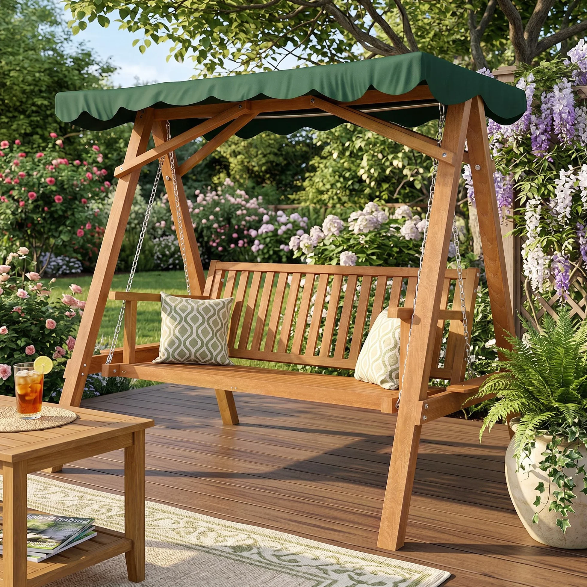 Outsunny Balancelle de Jardin 3 Places Toit imperméabilisé 360 Kg Bois de pin Vert