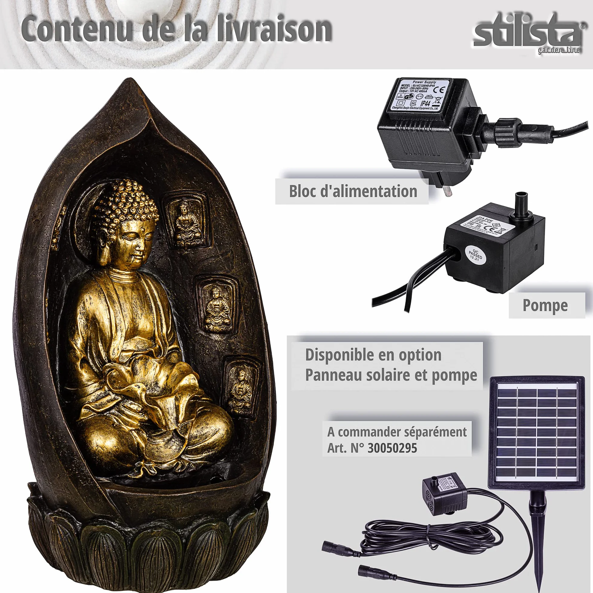 STILISTA Fontaine de Jardin Bouddha 64 x 35 x 29 cm avec Éclairage LED Pompe Incluse