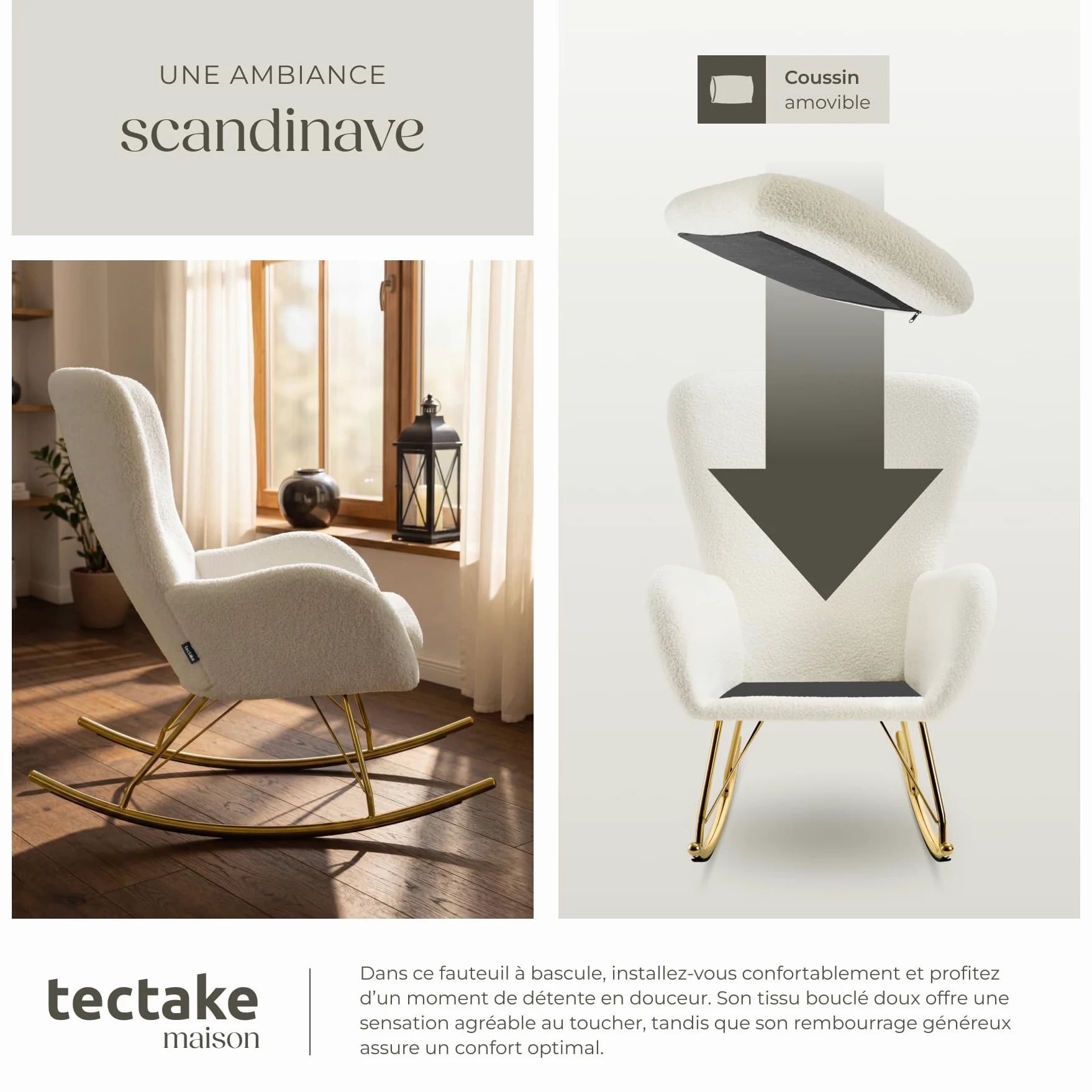 tectake® Rocking Chair Fauteuil à Bascule rembourée avec Accoudoirs Bouclette Cadre en Acier Fauteuil Salon Veranda, Chaise Ergonomique idéal Détente, Allaitement