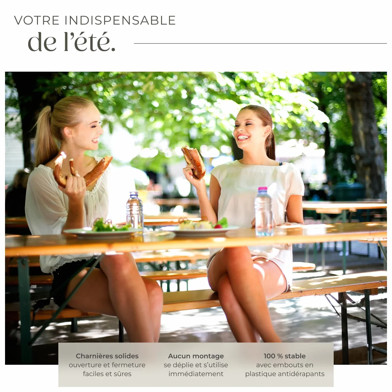 Tectake Table et Banc en Bois de Brasserie 3 pièces Pliable avec Support Parasol