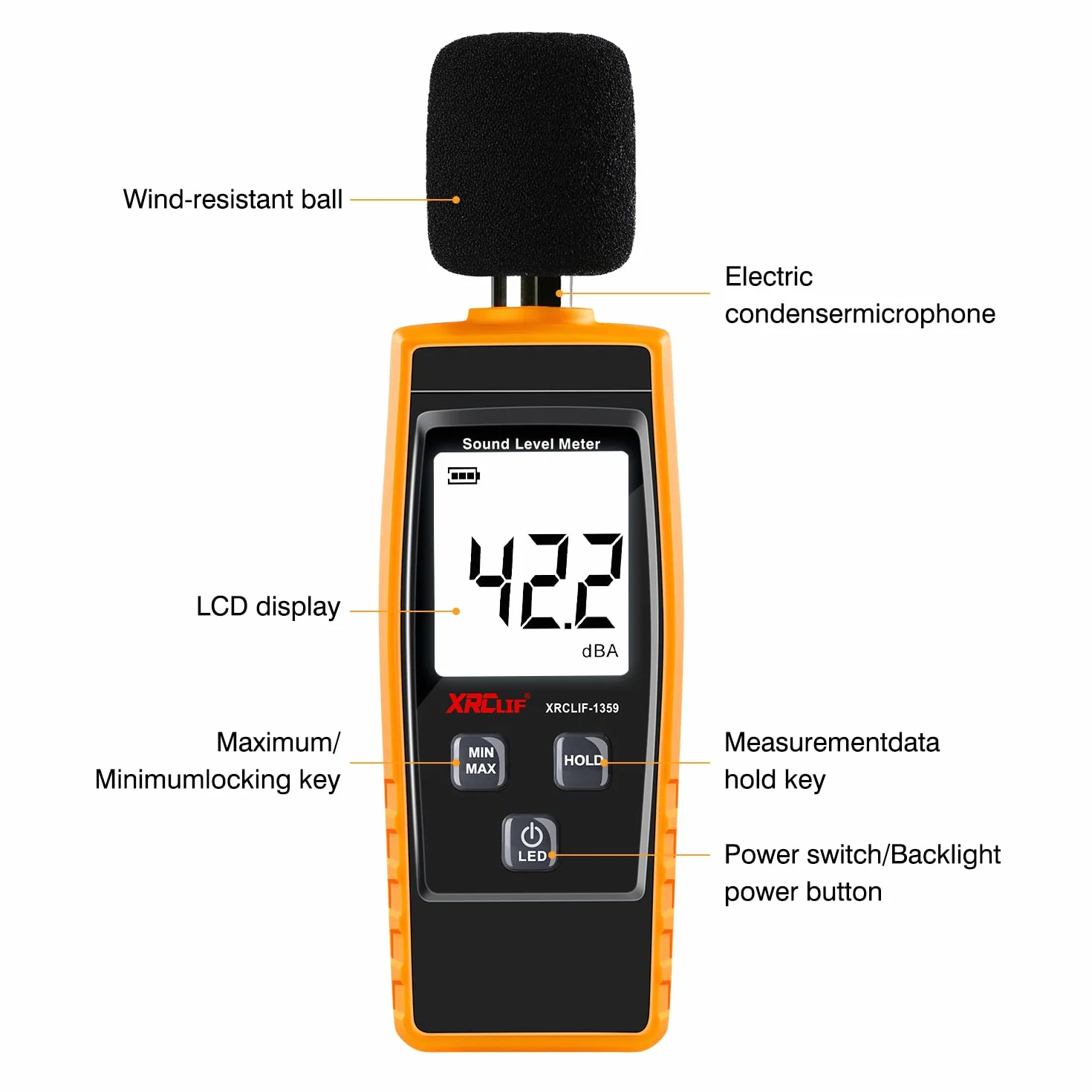 Sonomètre Portable Numérique 30-130 dB Décibels Testeur de Bruit Jaune