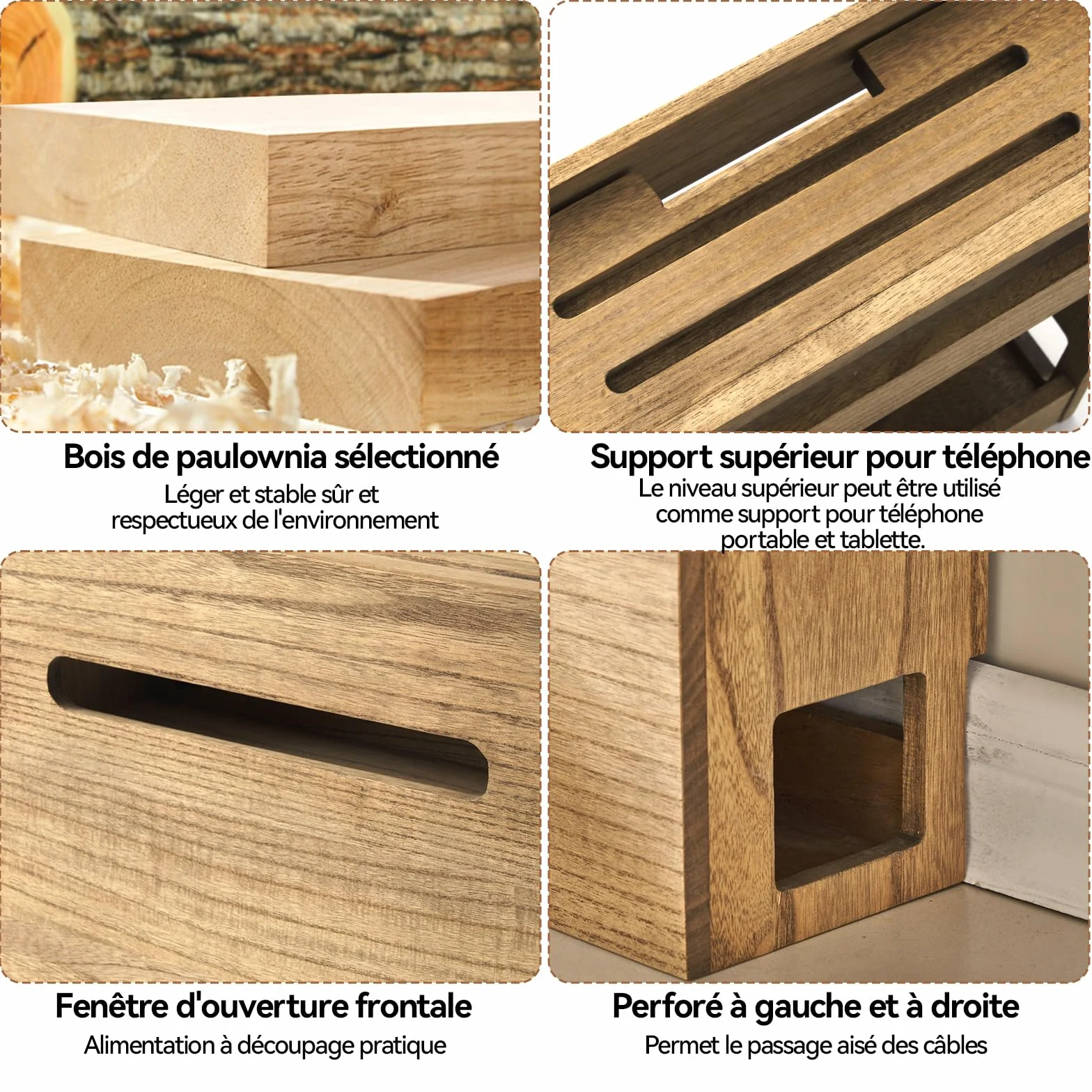KIRIGEN Boîte de rangement pour routeur Wifi, étagère en bois pour câbles, gestion et organisation des câbles gelb-braun
