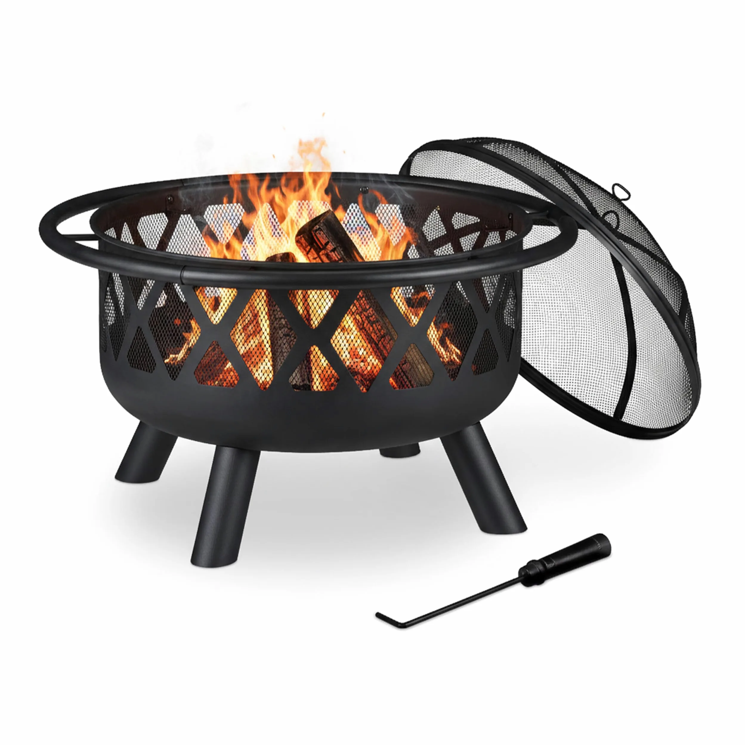 Relaxdays Brasero avec Protection étincelles, Jardin et terrasse, tisonnier, Foyer extérieur, en Acier; D 75 cm, Noir