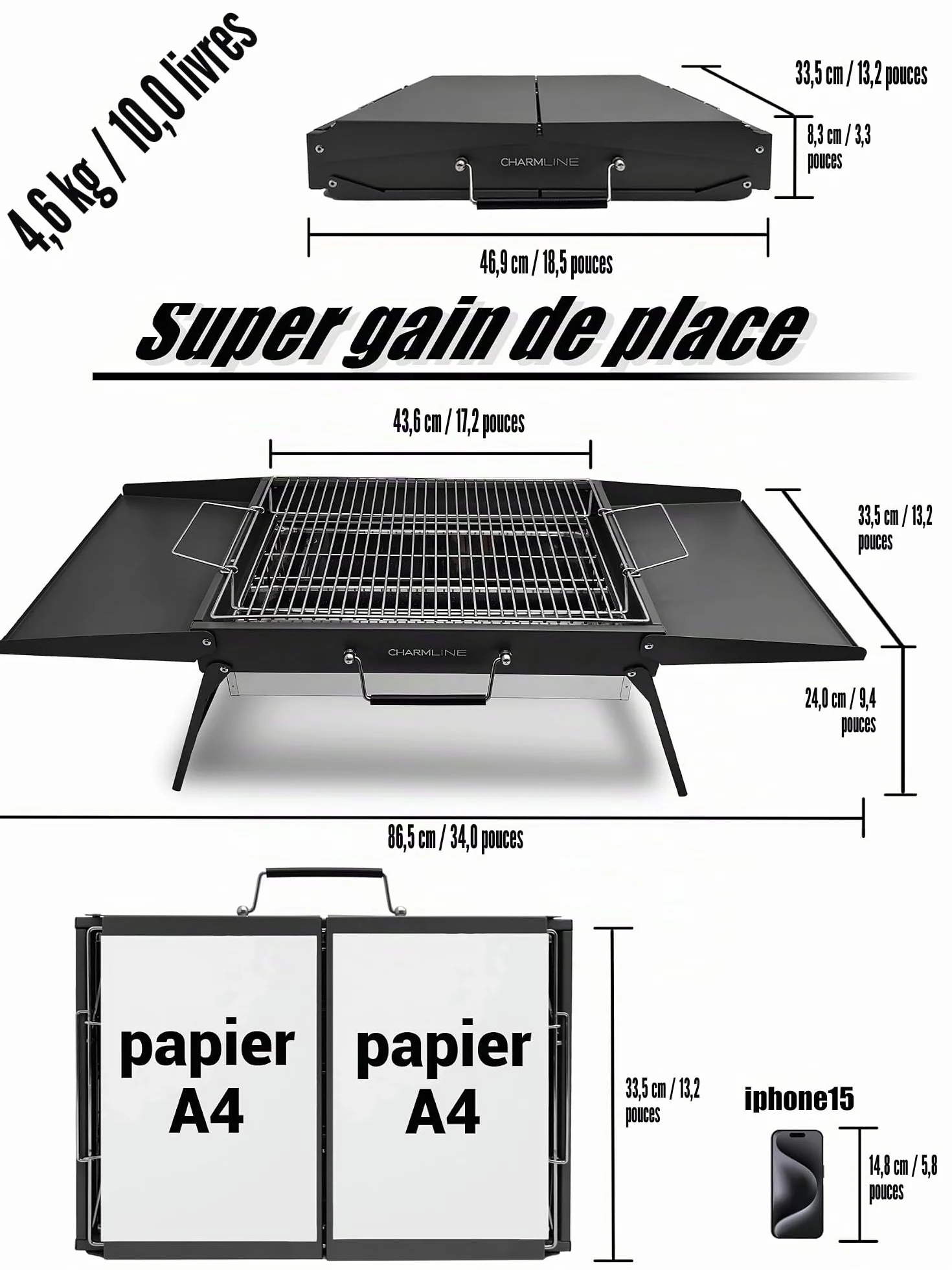 Charmline 47 x 34 cm Barbecue Portable, Gril à Charbon Compact pour 3 à 5 Personnes, Gril à Barbecue pour le Camping, les Pique-Niques, les Jardins et les Fêtes de Plage, Noir