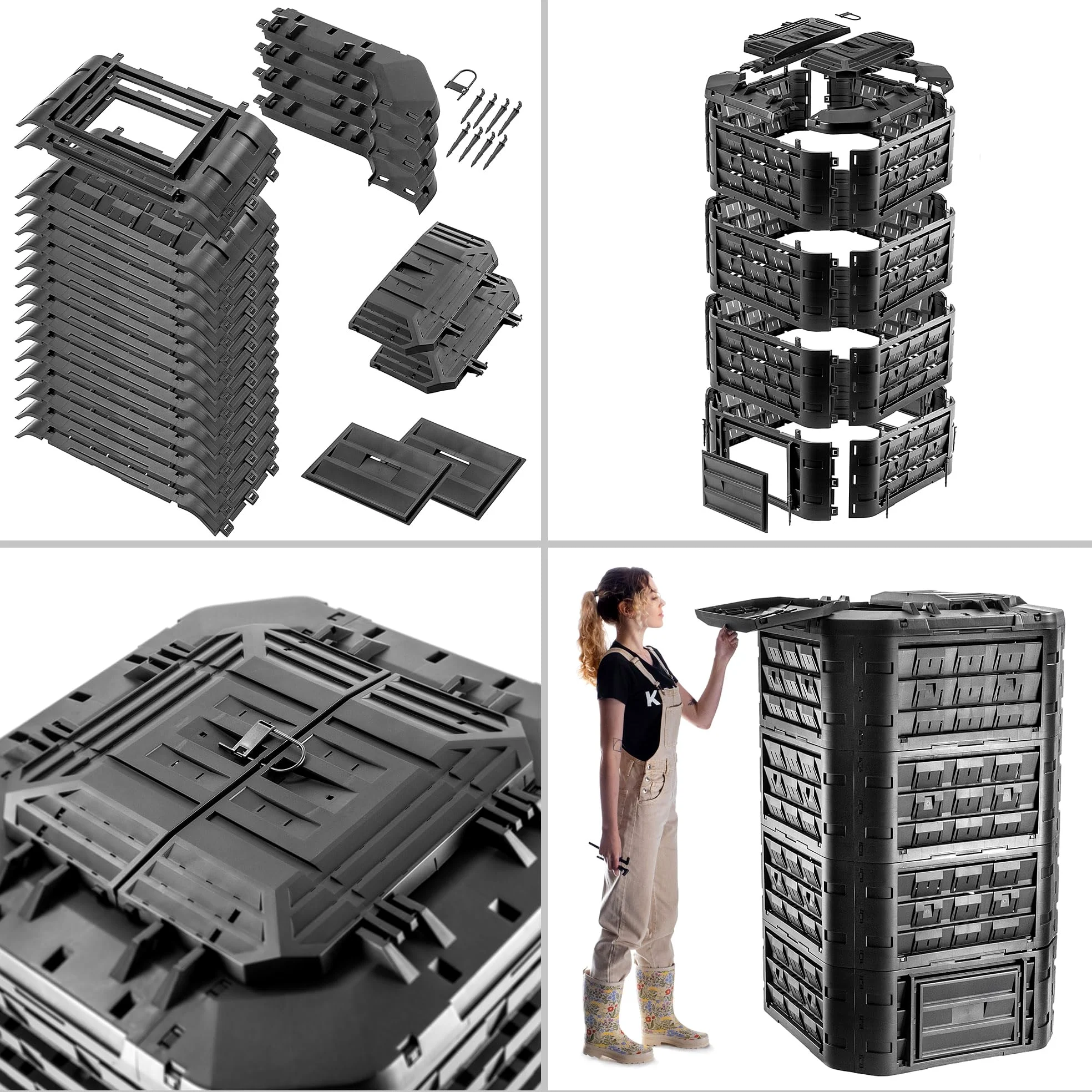 KADAX Composteur modulaire pour déchets de jardin, poubelle à compost avec ventilation et irrigation, 1250 L (noir)