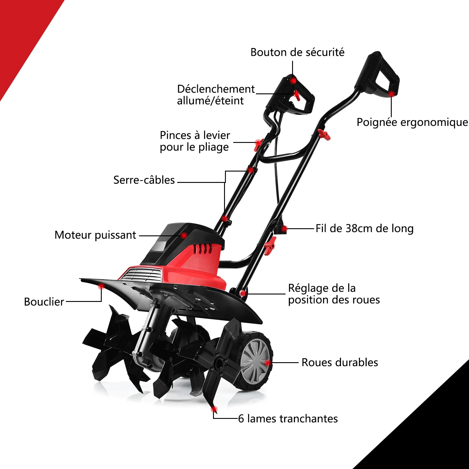 COSTWAY Motobineuse Électrique 1500W Profondeur de Travail 22CM Largeur de 43CM avec Poignée Pliable et Roues Réglables 6 Lames pour Jardinage et Désherbage