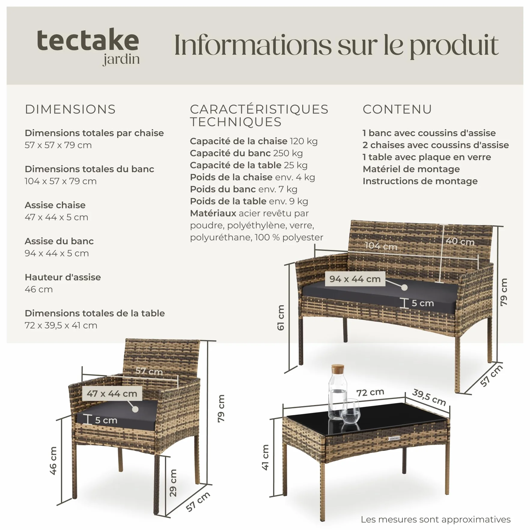 Tectake Ensemble Salon de Jardin en Résine tressée Canapé 2 Places 2 Fauteuils et 1 Table de Jardin Coussins Inclus