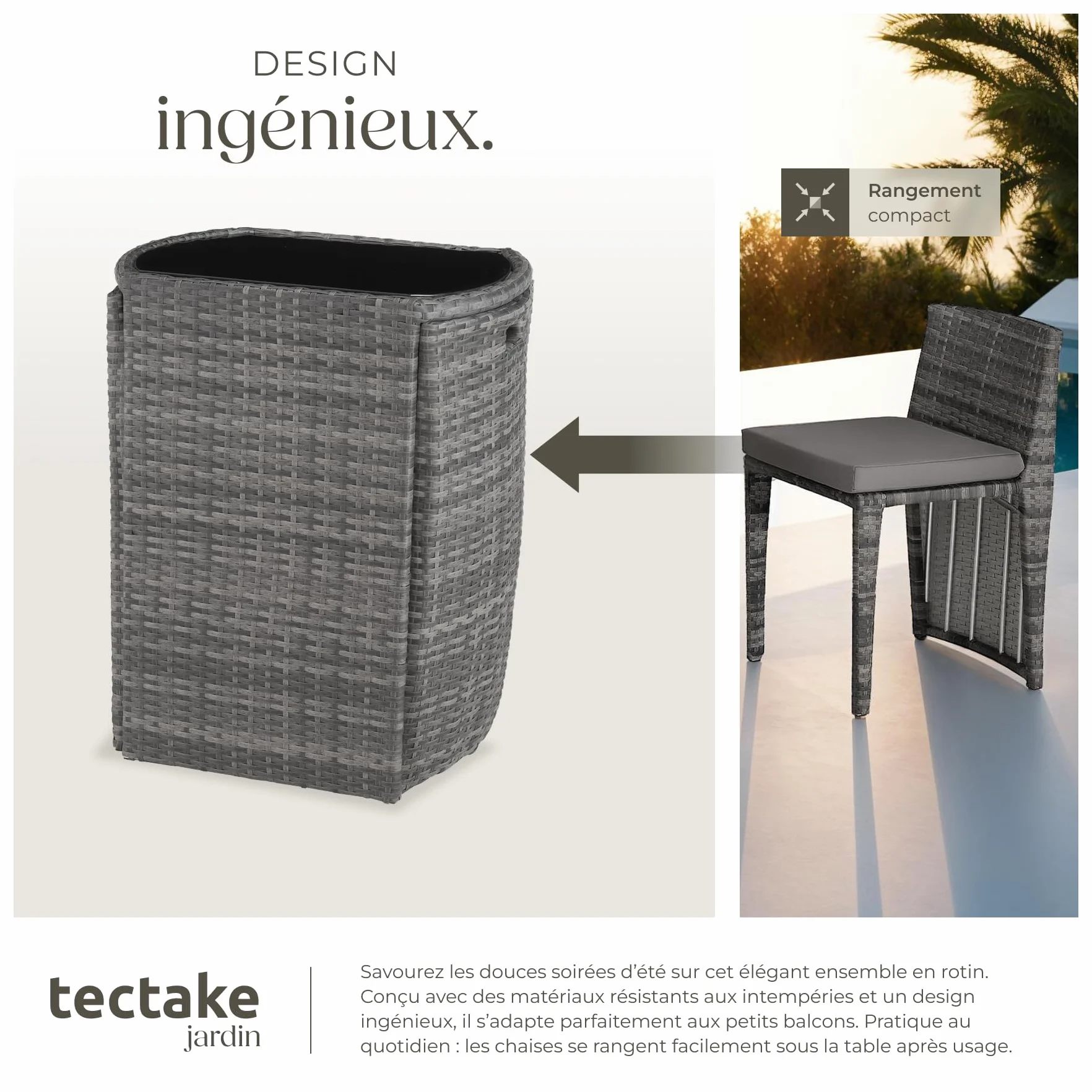Tectake Ensemble Salon de Jardin 2 Personnes Poly Rotin Aluminium Fauteuil Table Coussins Inclus