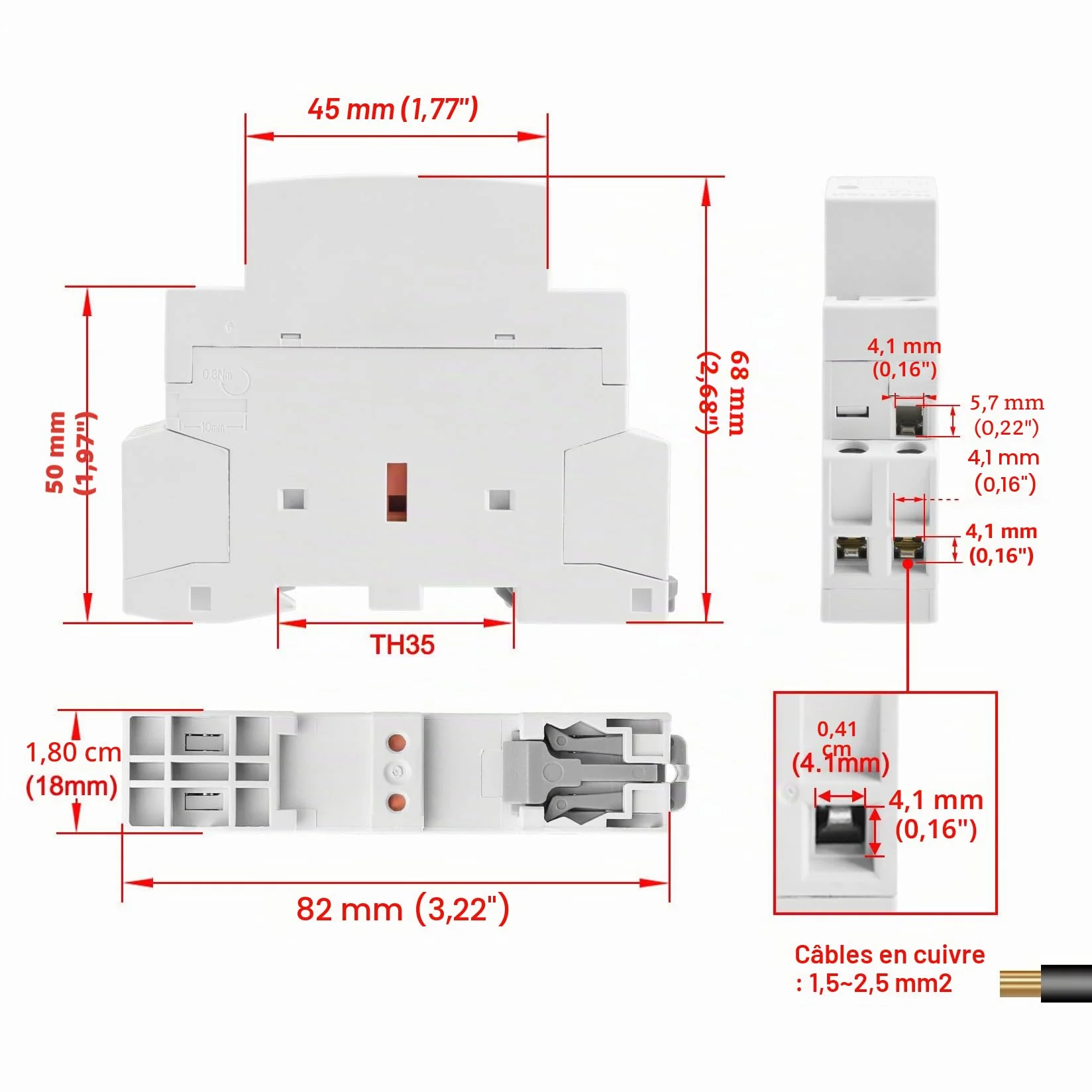 Heschen Contacteur alternatif CT1–25 2P AC 220V/230V 35 mm DIN rail