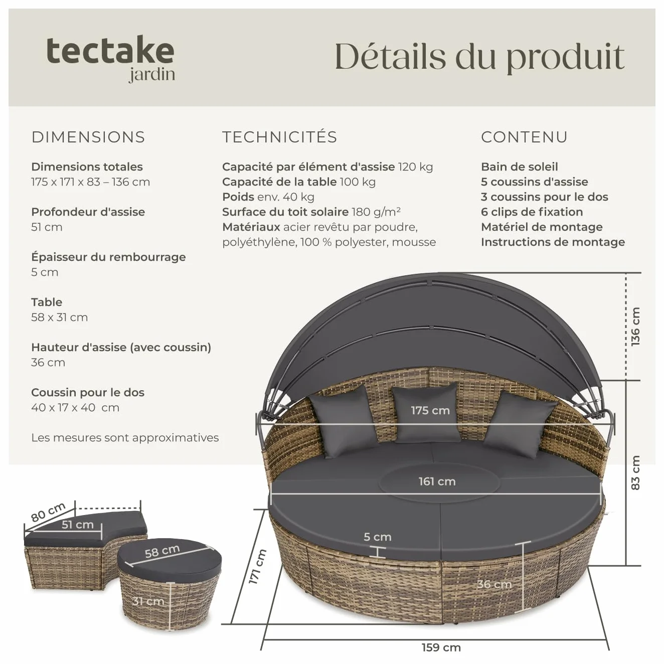 tectake Bain de soleil modulable en résine tressée avec pare soleil pliable, coussins inclus, chaise longue relax pour jardin terrasse