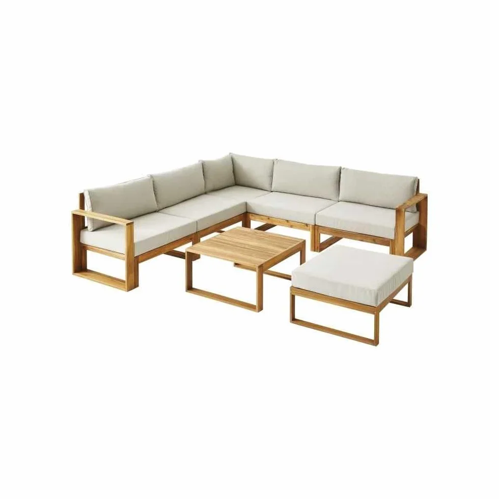 Salon de Jardin LEVATA en Bois dacacia FSC - 6 Personnes avec Ottoman - Coussins Gris et Deux Tons + Housse Incluse