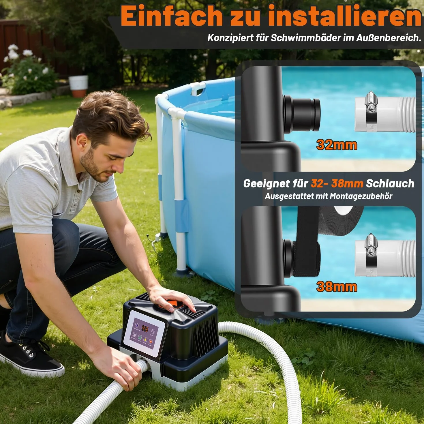 Daromigo Chauffage de piscine électrique 3000 W avec affichage numérique, réglage 37-45 °C, protection FI