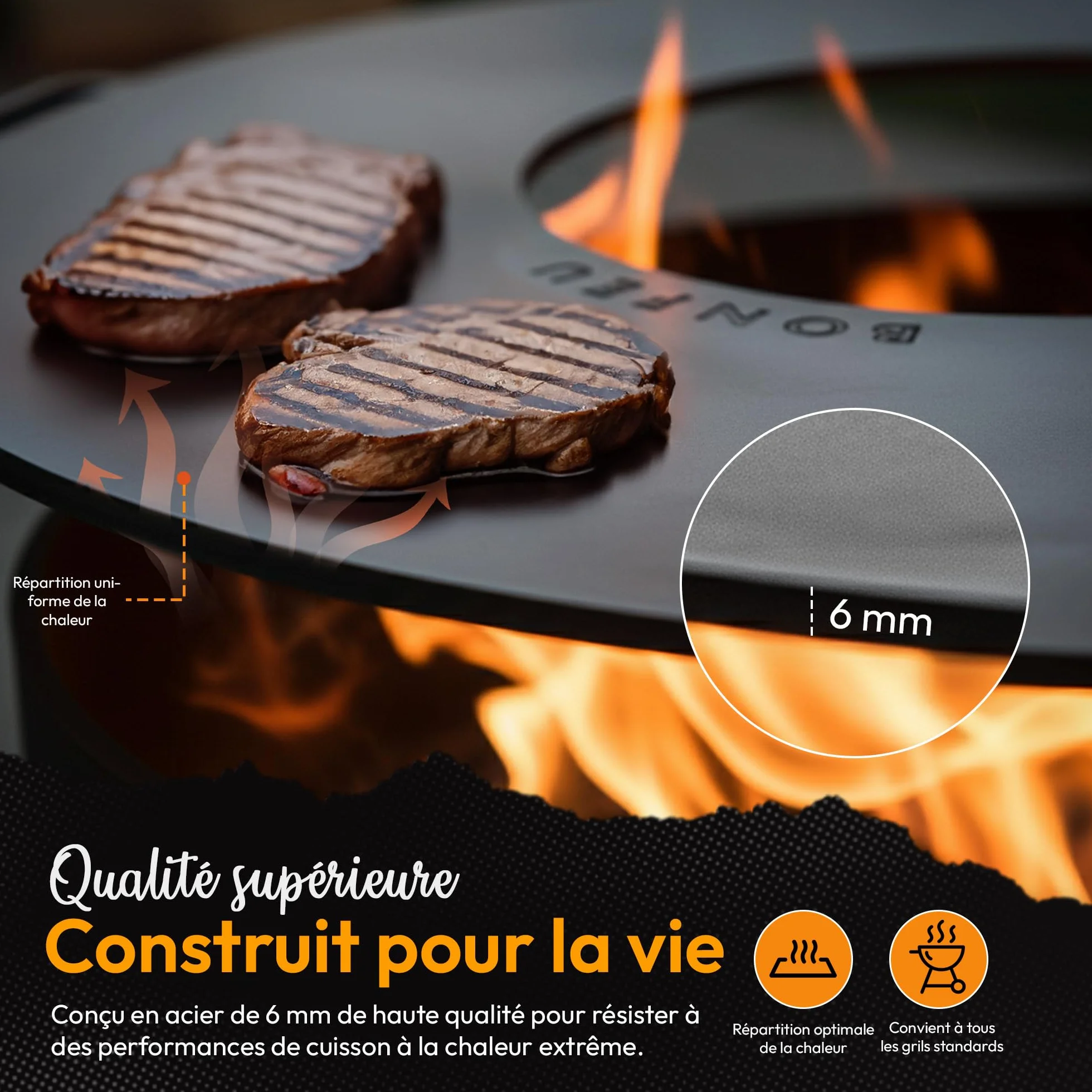 BonFeu BonPlancha Plaque de Grill Ø80cm Gaz & Bois Acier