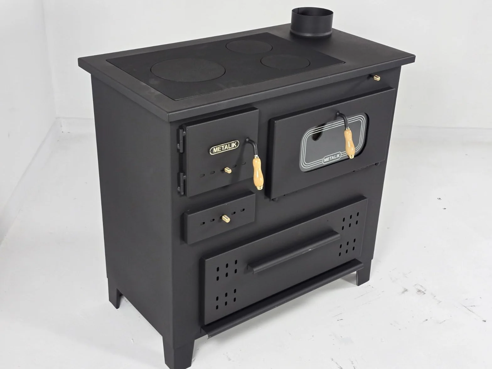 Prity Poêle à bois 13 kW avec plaque en fonte et brûleur à bûches