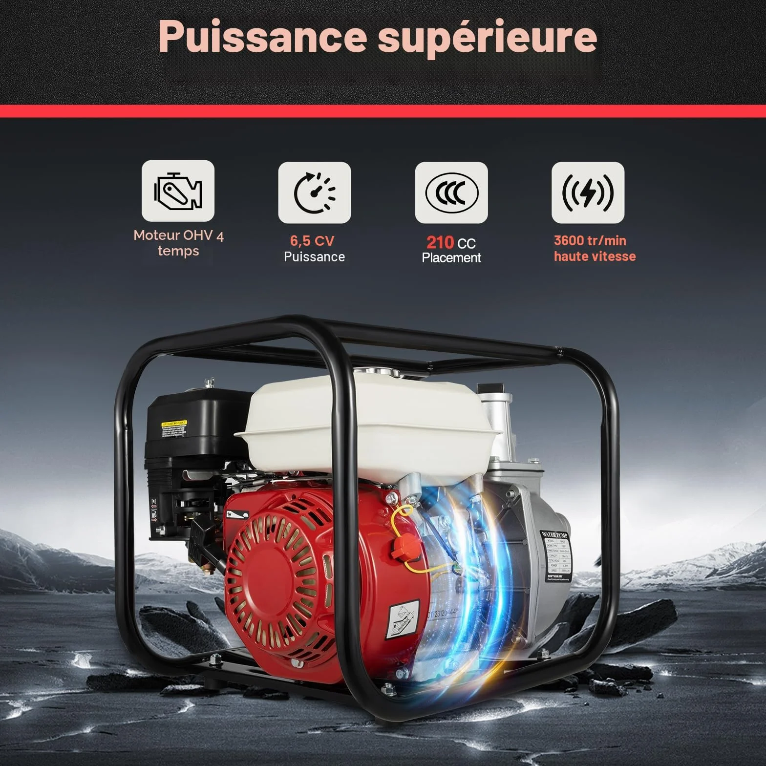Pompe à eau à essence Moteur 4 temps 6,5 CV 210 CC 4,8 kW Motopompe eaux usées Raccord 2 pouces Hauteur refoulement 28 m Débit 36000 l/h