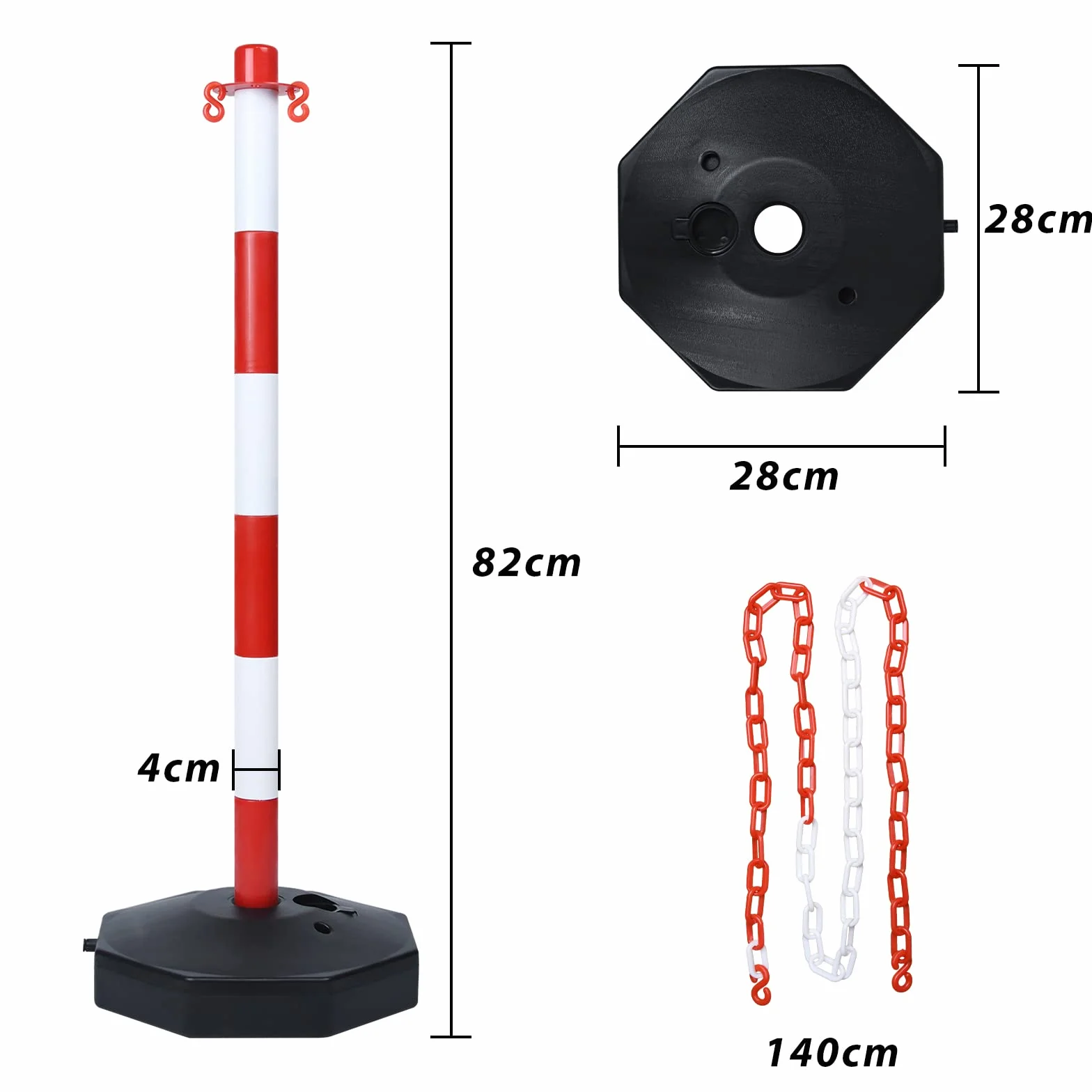 Lot de 2 poteaux de chaîne en plastique 82 x 28 x 28 cm avec chaînes 1,4 m rouge+blanc