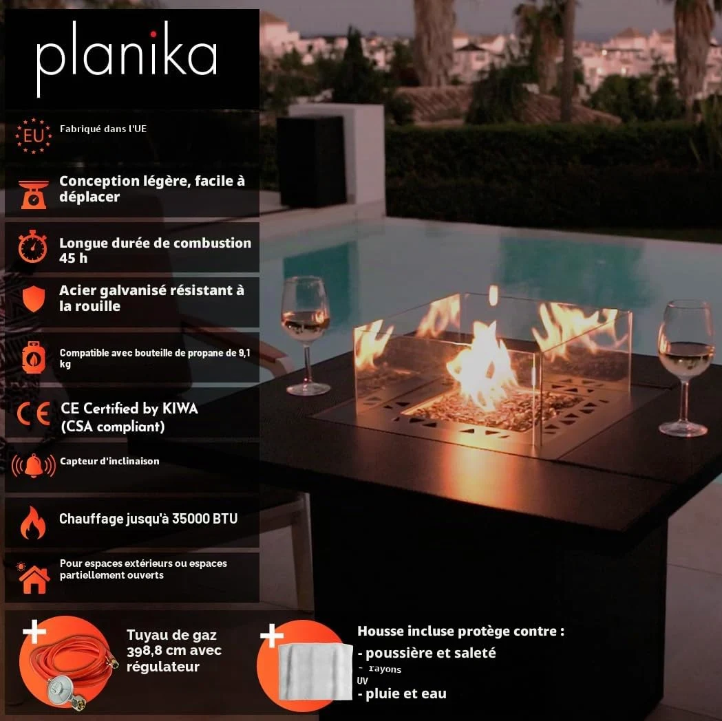 Planika Square Brasero de Table avec Hosse de Protection - Cheminée de Jardin - Chauffage d'Appoint Gaz - Foyer Décoratif - Forme Carré - Plateau de Table Carré - Noir