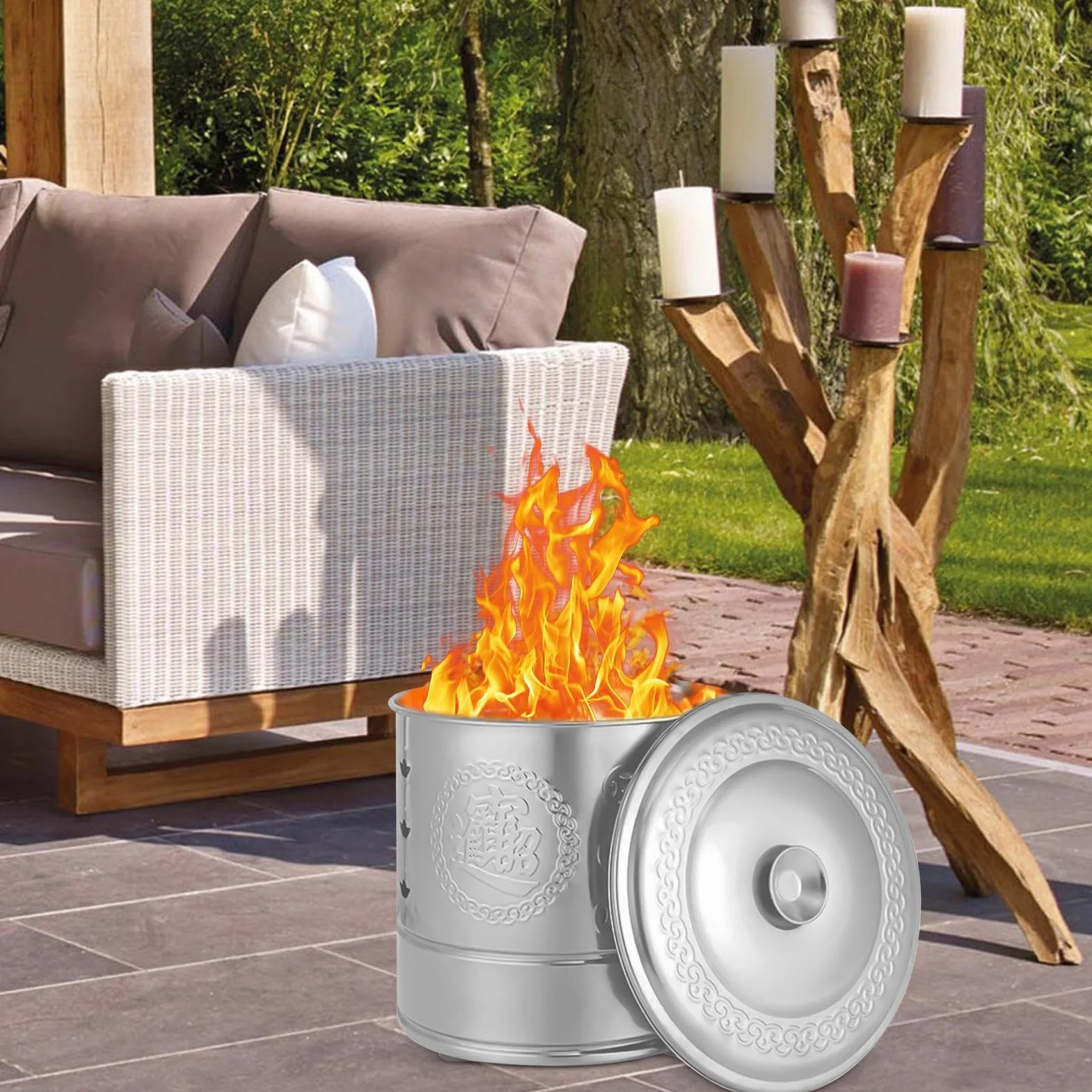 Burn Barrel Seau en Papier Inoxydable avec Poignée de Transport pour Feuilles Débris Bois Conteneur à Feu Extérieur Durable