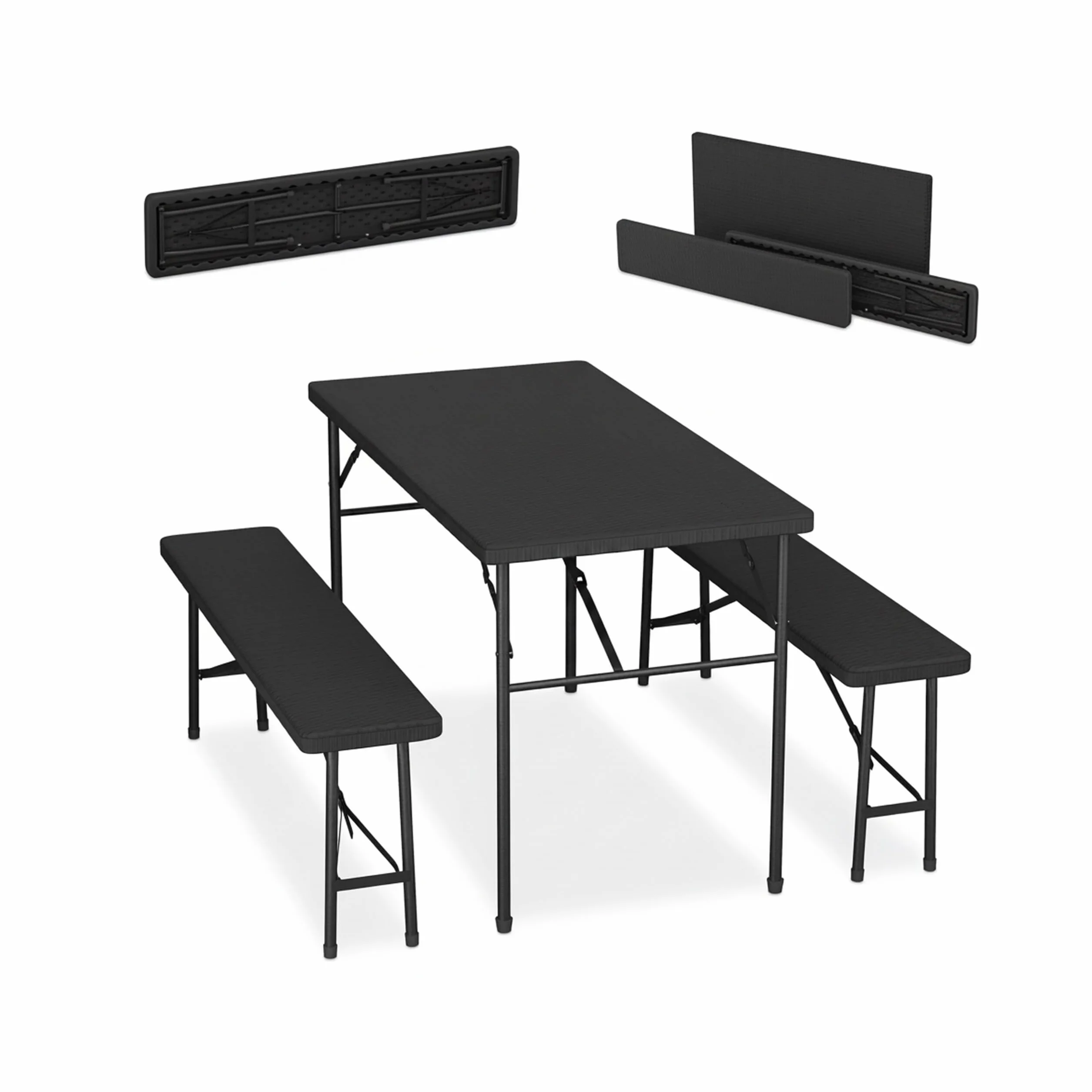 Relaxdays Ensemble Table Pliante et 2 Bancs 120 cm Aspect Rotin Noir