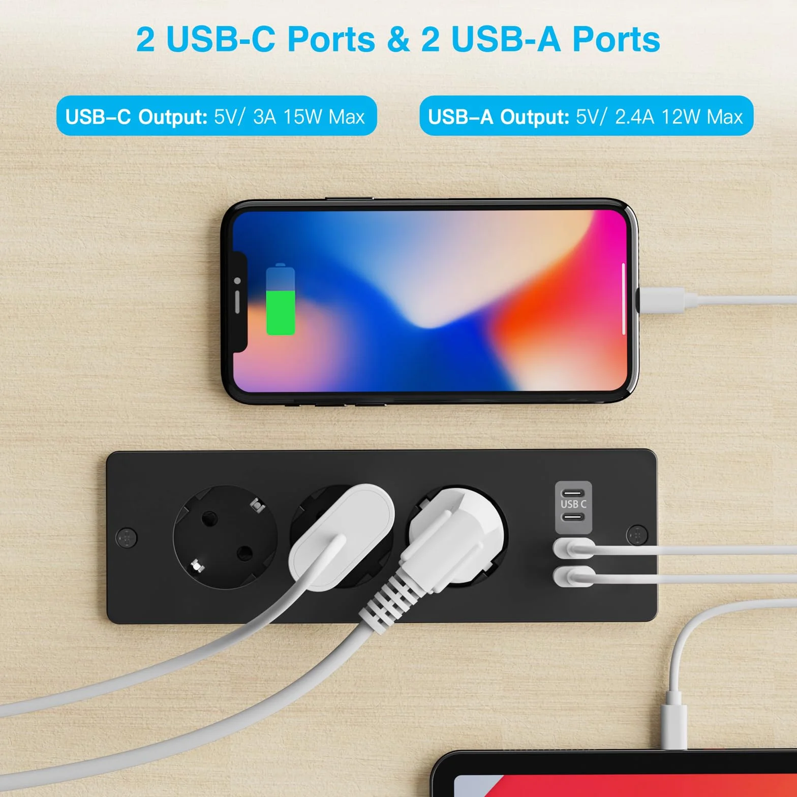 Prise Encastrable de Table 3 Prises 2 USB-A 2 Type-C Câble 2m Noir