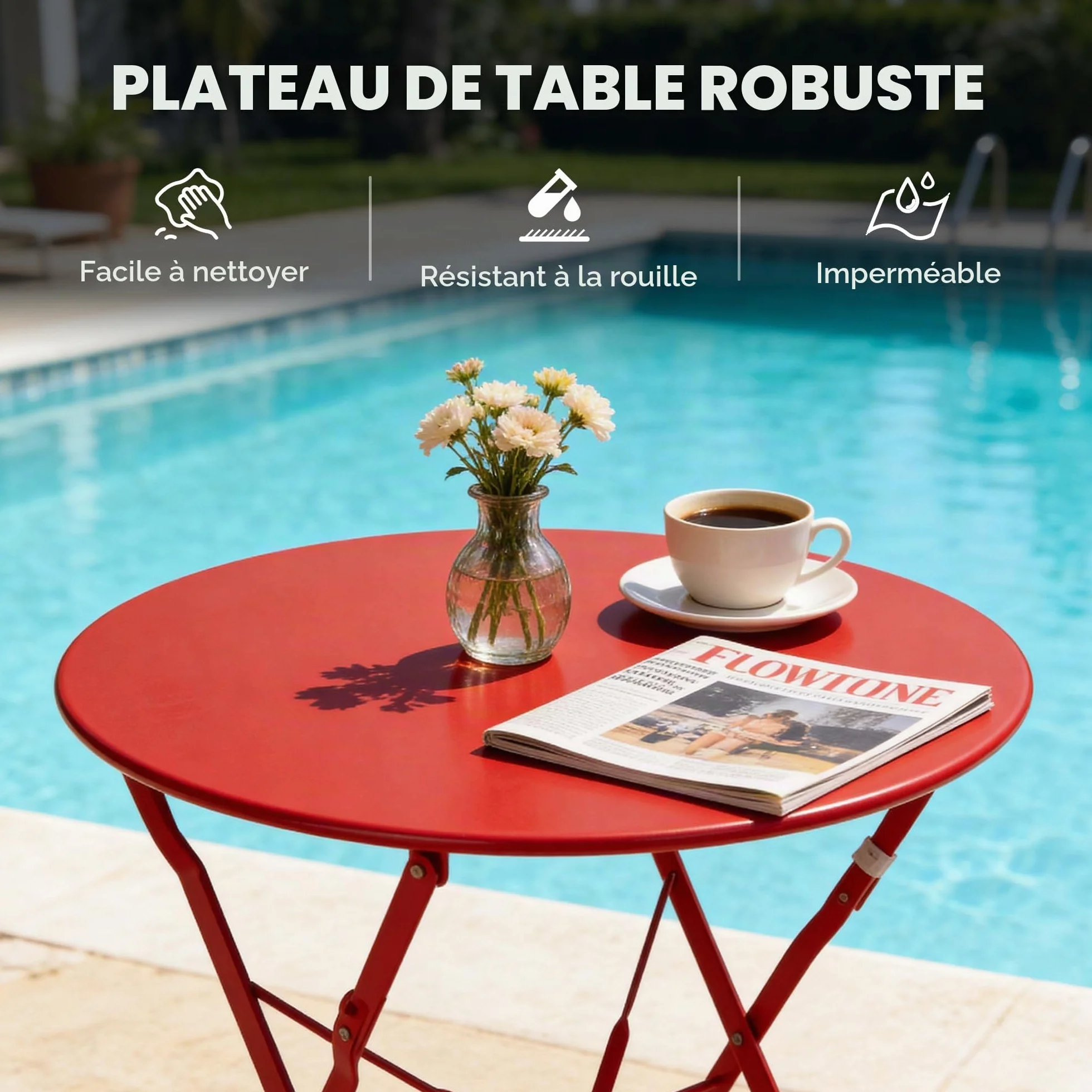 Salon de Jardin Ensemble Table et Chaises Pliables Acier thermolaqué Rouge