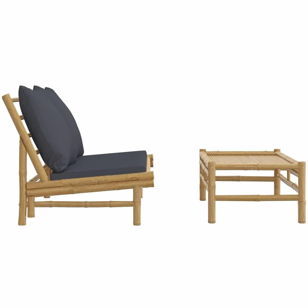 Ensemble salon de jardin, 2 pièces, en bambou naturel, avec coussins gris foncé, robuste, pour terrasse, balcon et véranda, ensemble de patio confortable