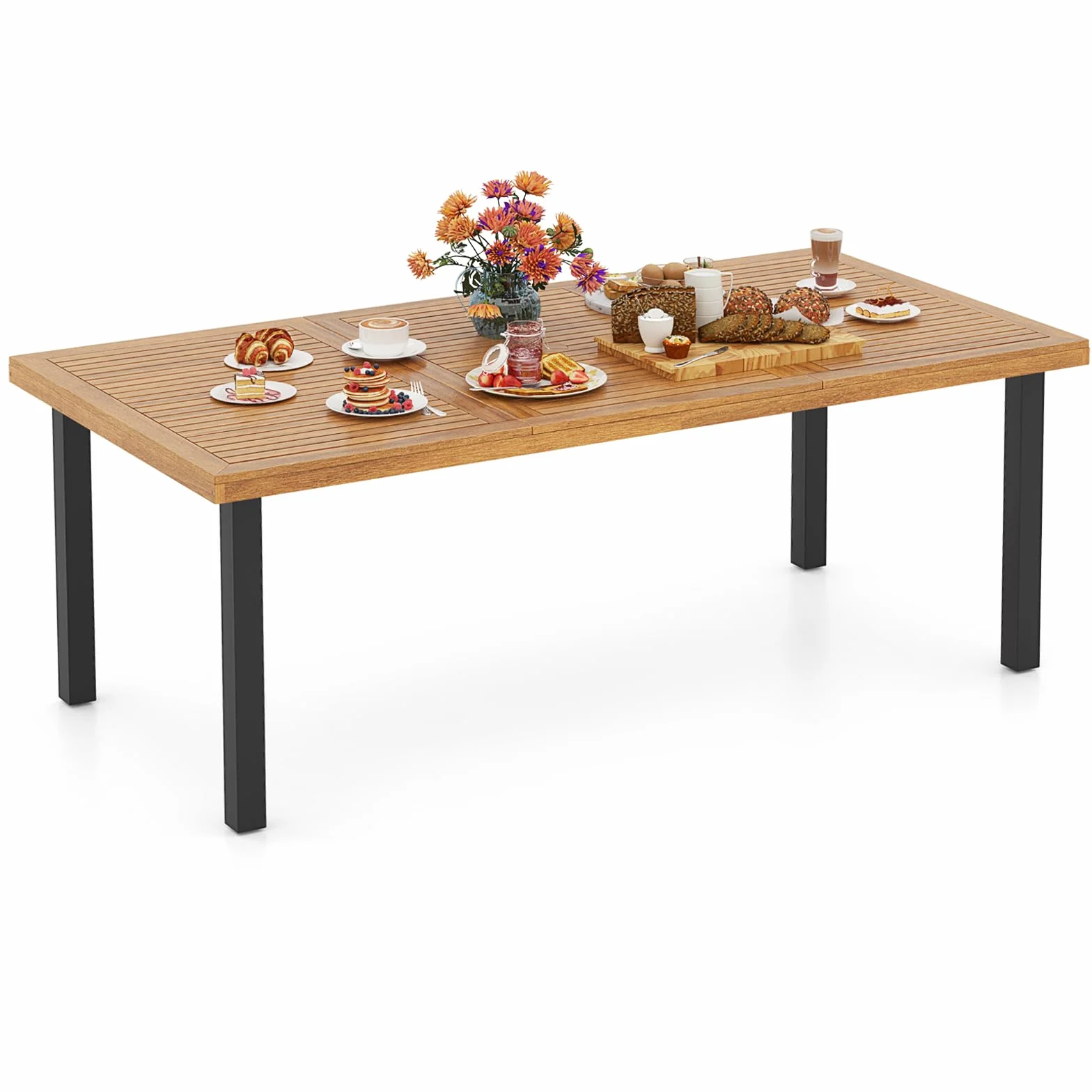 KOMFOTTEU Table de Jardin avec Trou pour Parasol 200x100x75 cm Bois d'Acacia Métal 8 Personnes