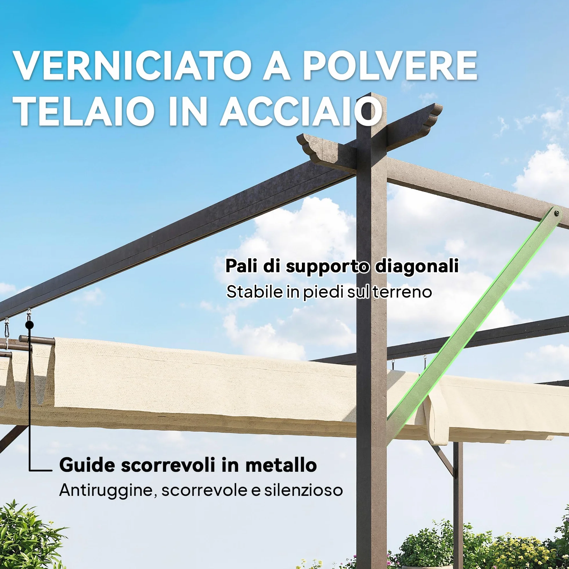 Outsunny Pergola Addoxée 3 x 4 m Toit Rétractable Coulissant Trous de Drainage Jardin Polyester Acier UV30+ Blanc Crème