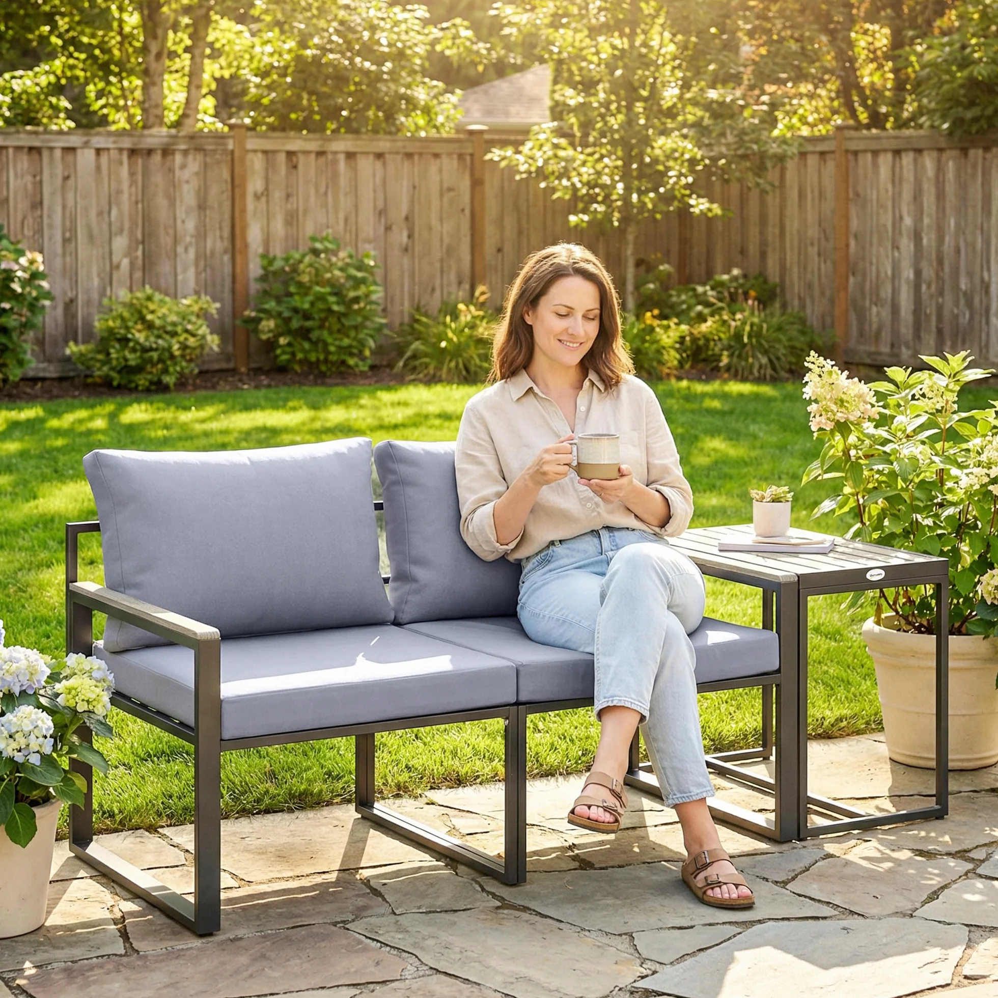 Outsunny Salon de Jardin 3 pièces avec Coussins 14cm, Fauteuils et Table d'appoint, Gris