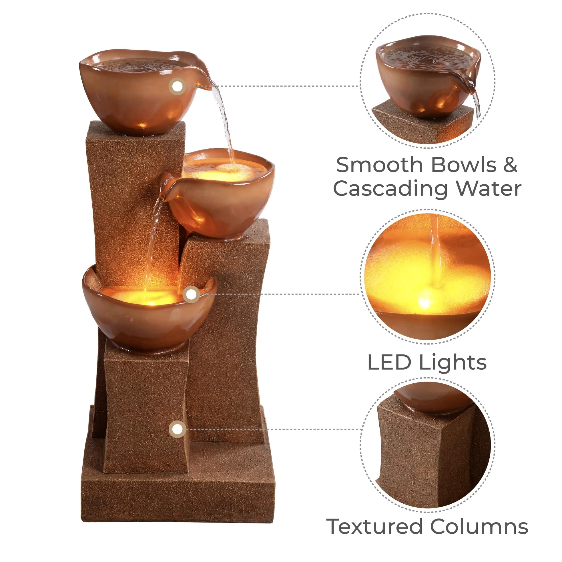 Teamson Home Fontaine d'eau extérieure à 3 étages de 28,54 pouces avec lumières LED, marron, Teamson Home