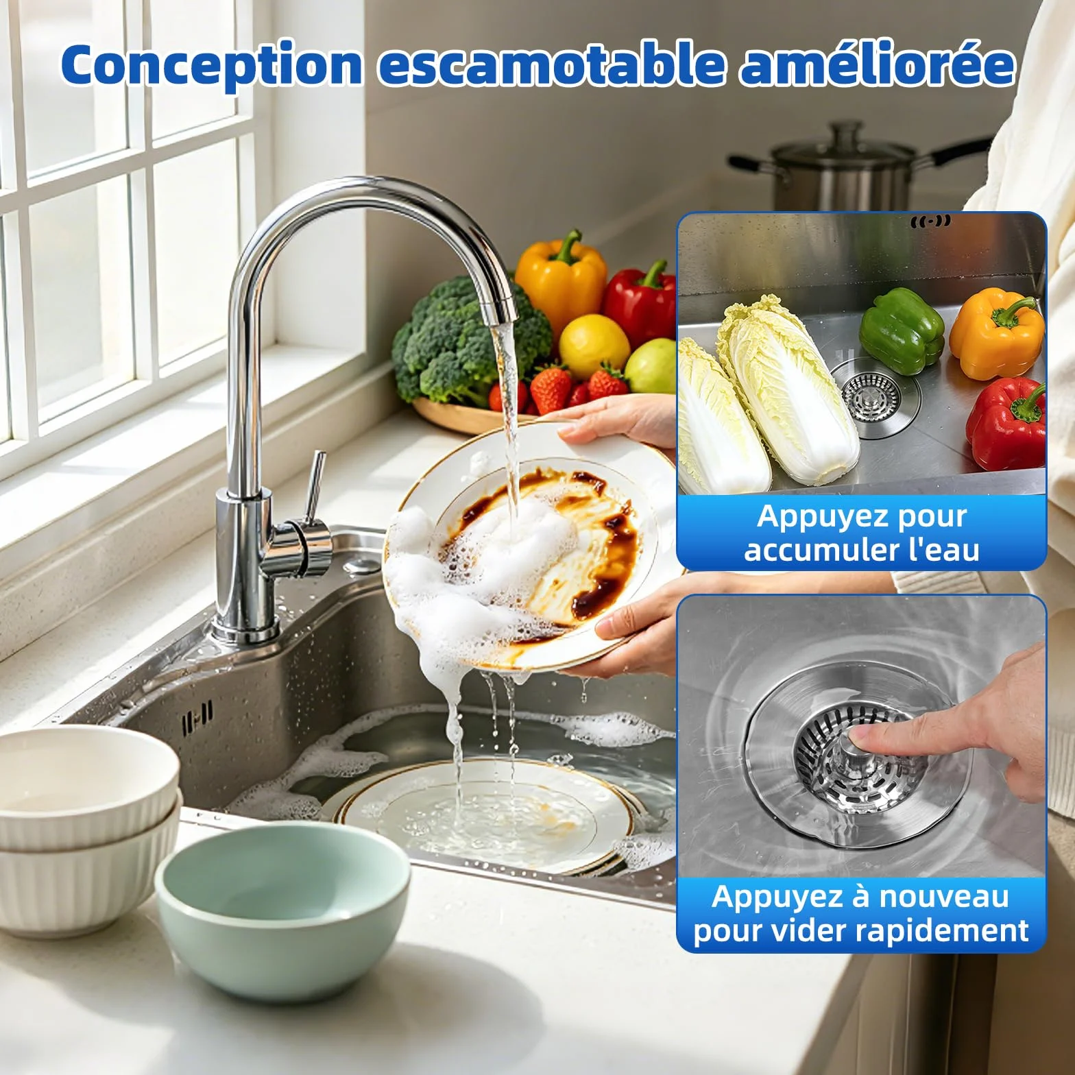 Hibbent Bouchons Évier Cuisine 3 en 1 Améliorés, Crépine Acier Inoxydable avec Base ABS, Double Joint Caoutchouc, Anti-Bouchage, Anti-Odeurs, Profondeur 28 mm, Nickel Brossé