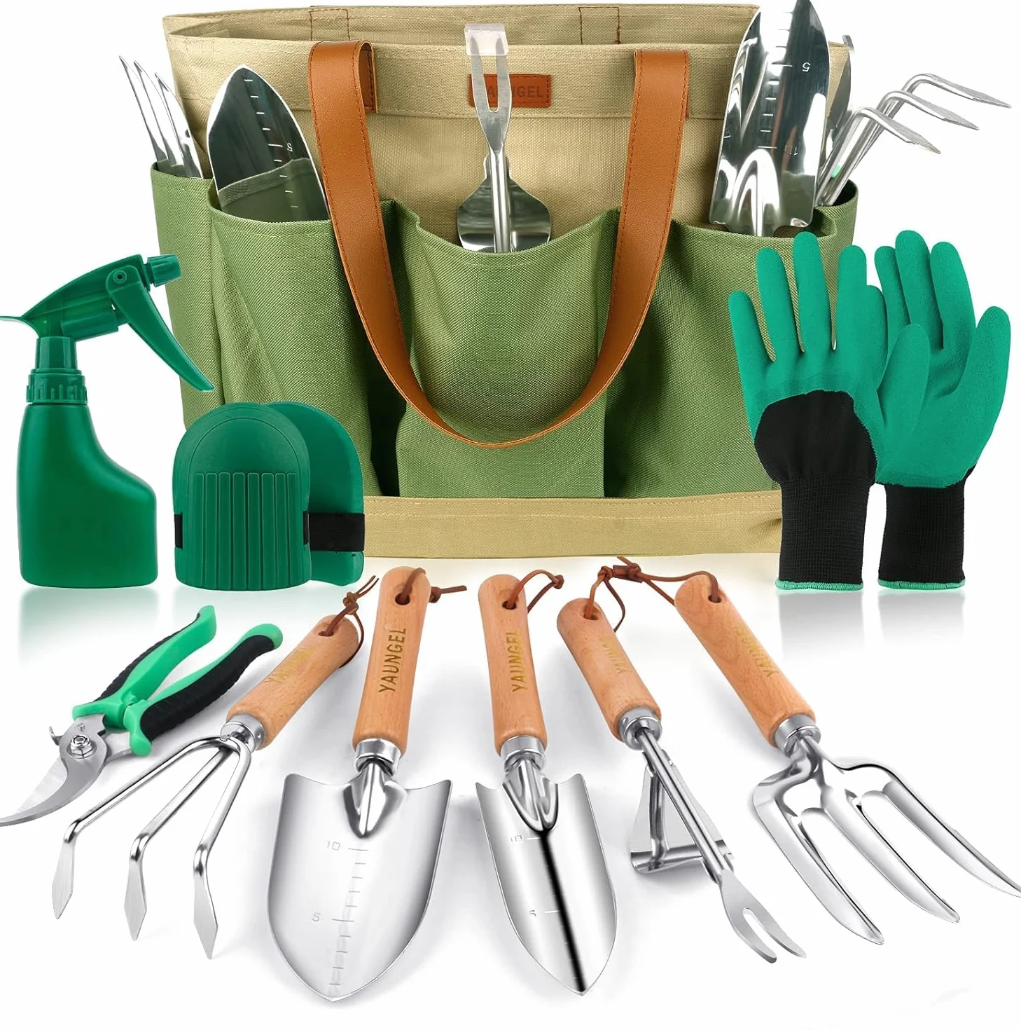 YAUNGEL Ensemble d'Outils de Jardinage, 10 Pièces en Acier Inoxydable à Usage intensif avec poignée en Bois antidérapante - Cadeaux pour Les Femmes et Les Hommes, Vert