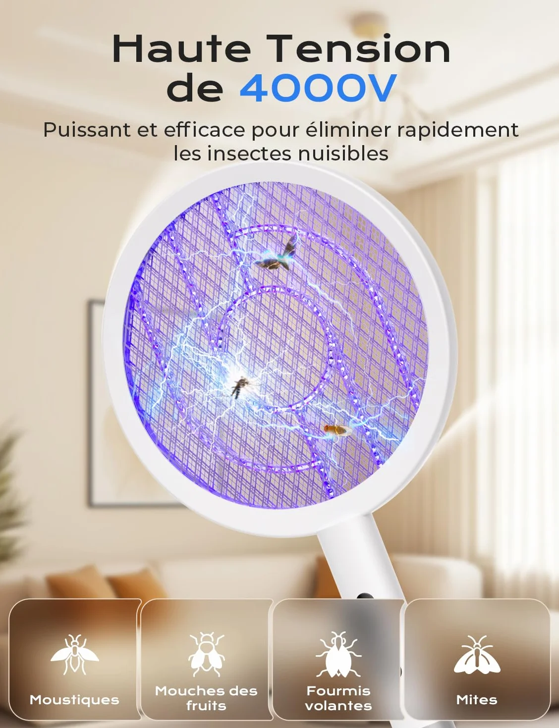 YISSVIC Raquette Electrique Insectes, Raquette Anti Moustique 1800mAh Tapette Puissante 4000V ave Base Rechargeable Chargement USB-C Lutte Contre Moustiques Mites Fourmis Volantes, Blanc