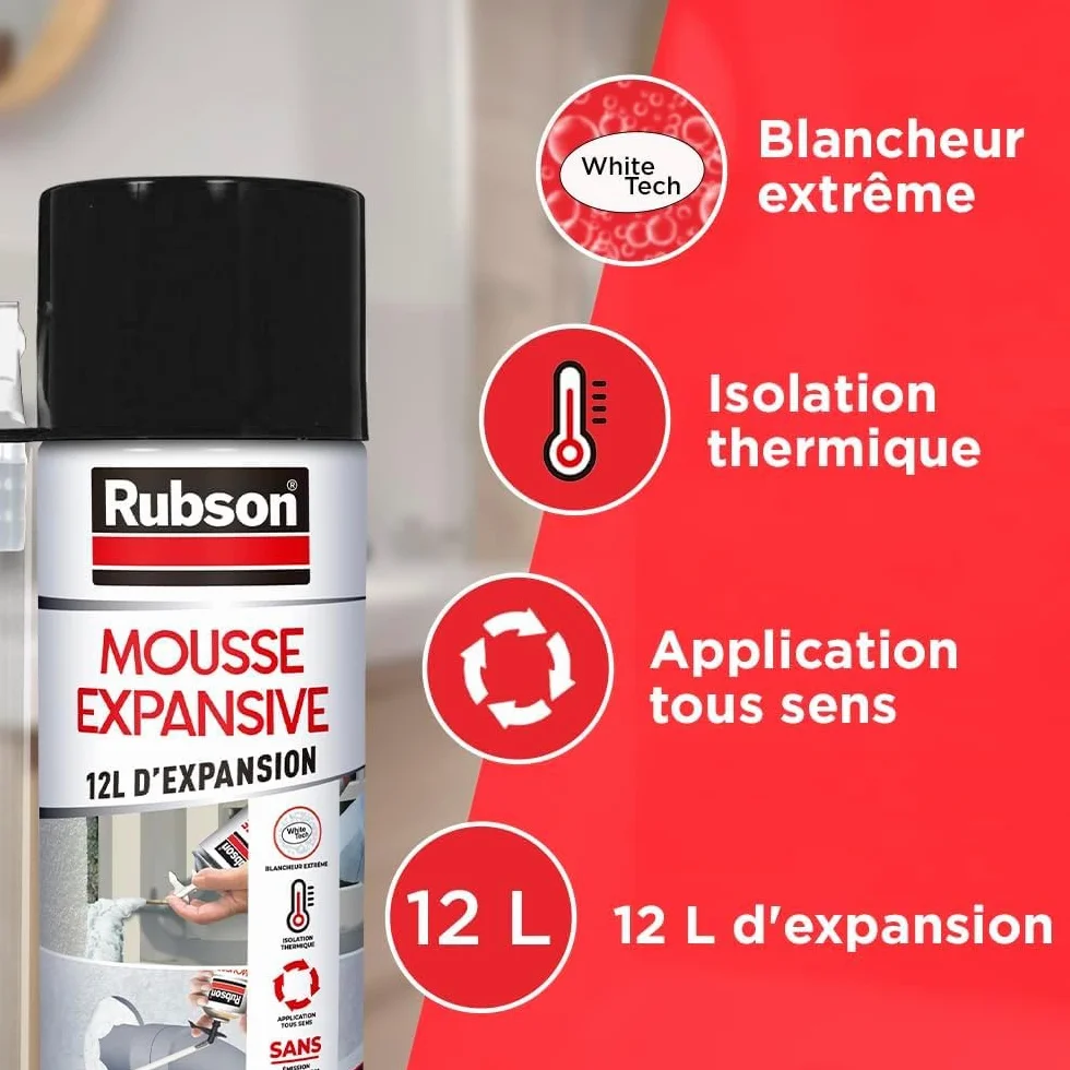 Rubson Mousse Expansive Multi-Usages 300 ml Blanche - Mousse Polyuréthane Isolation Calage Rebouchage 12 Litres Expansion