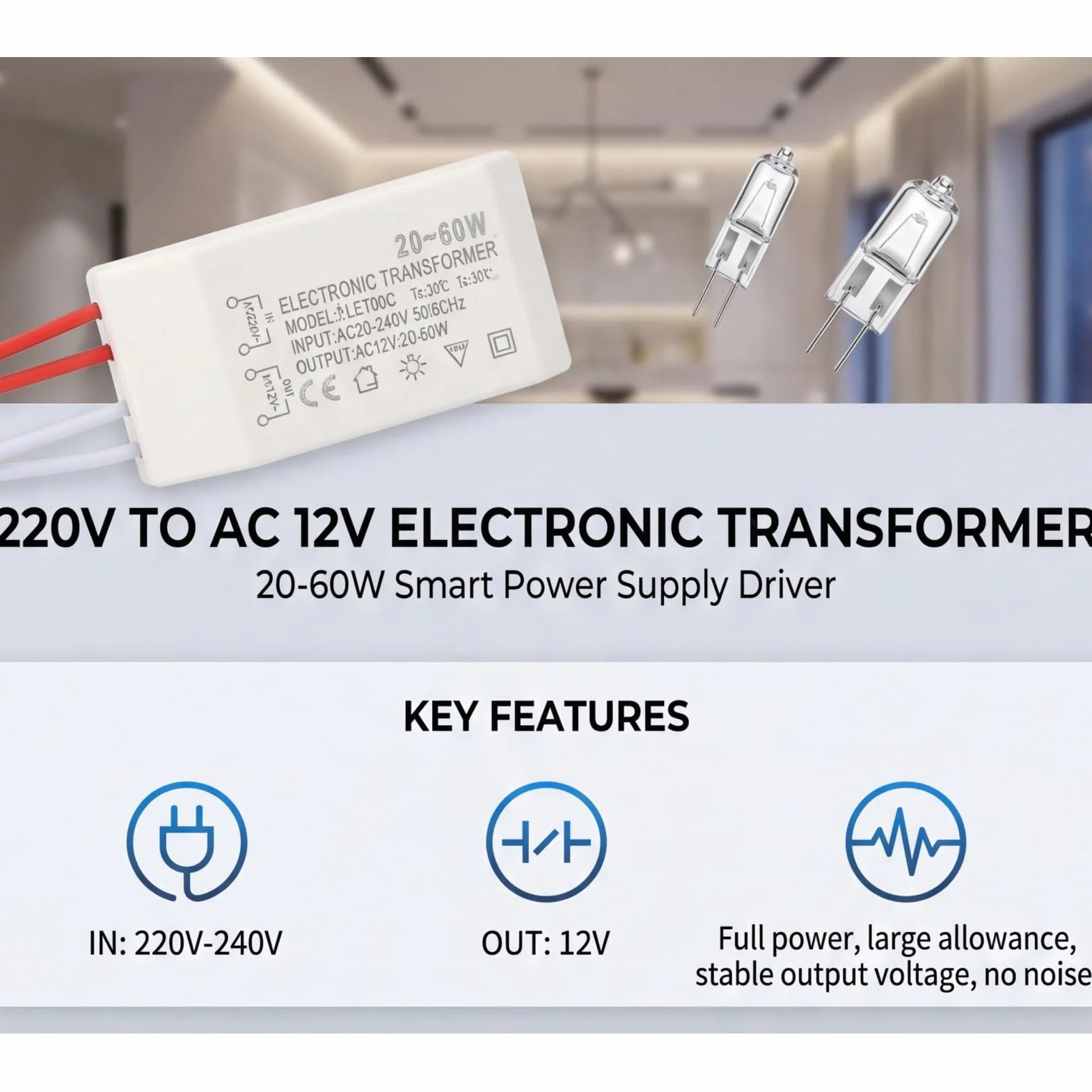 Convertisseur de Tension 220V AC 12V Transformateur électronique 20-60W Pilote Alimentation Intelligent G4