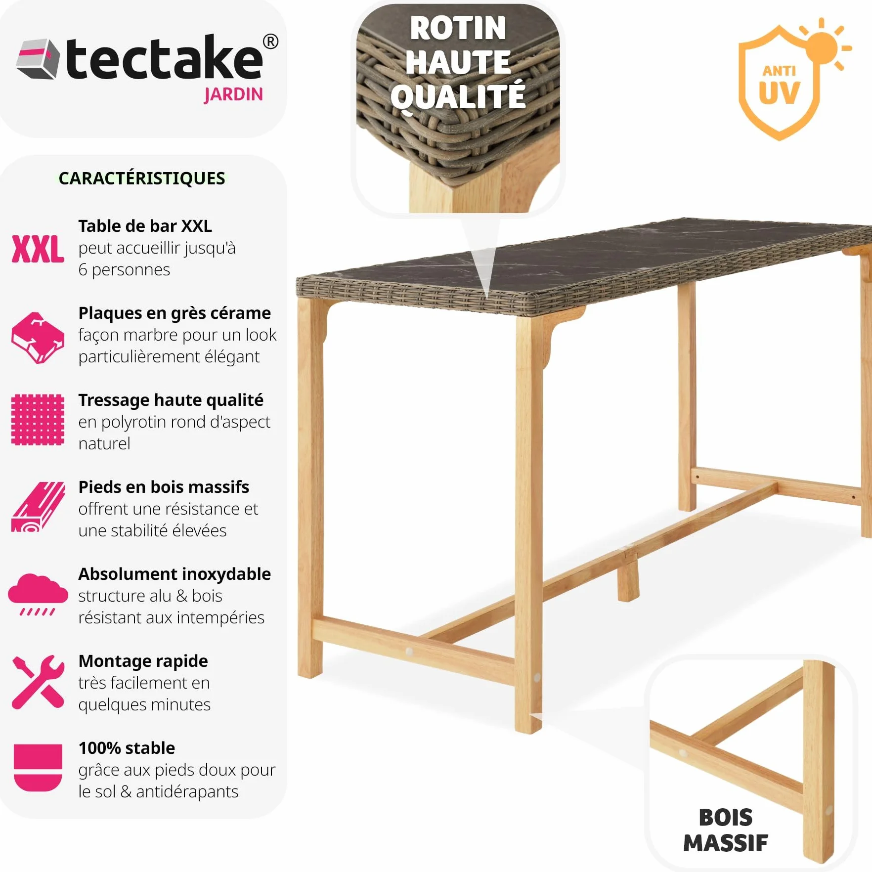 tectake® Table de Bar Haute Extérieur en Résine Tressée & Grès cérame Fin marbré Résistante aux intempéries pour Salon de Jardin, Structure en Aluminium & Bois Massif, Mobilier de Jardin