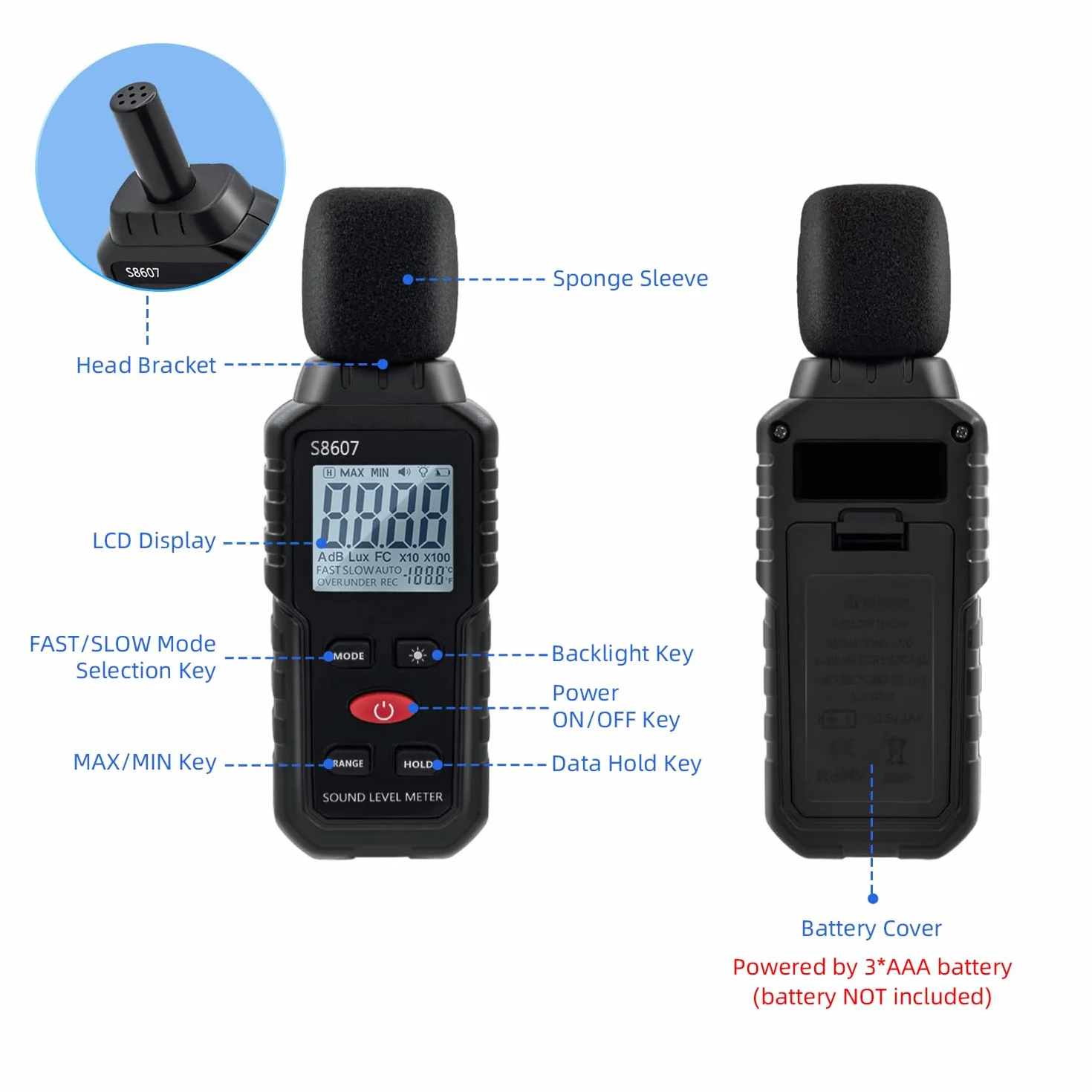 Sonomètre Numérique 30-130 dB avec Écran LCD pour Bureau, Chantier