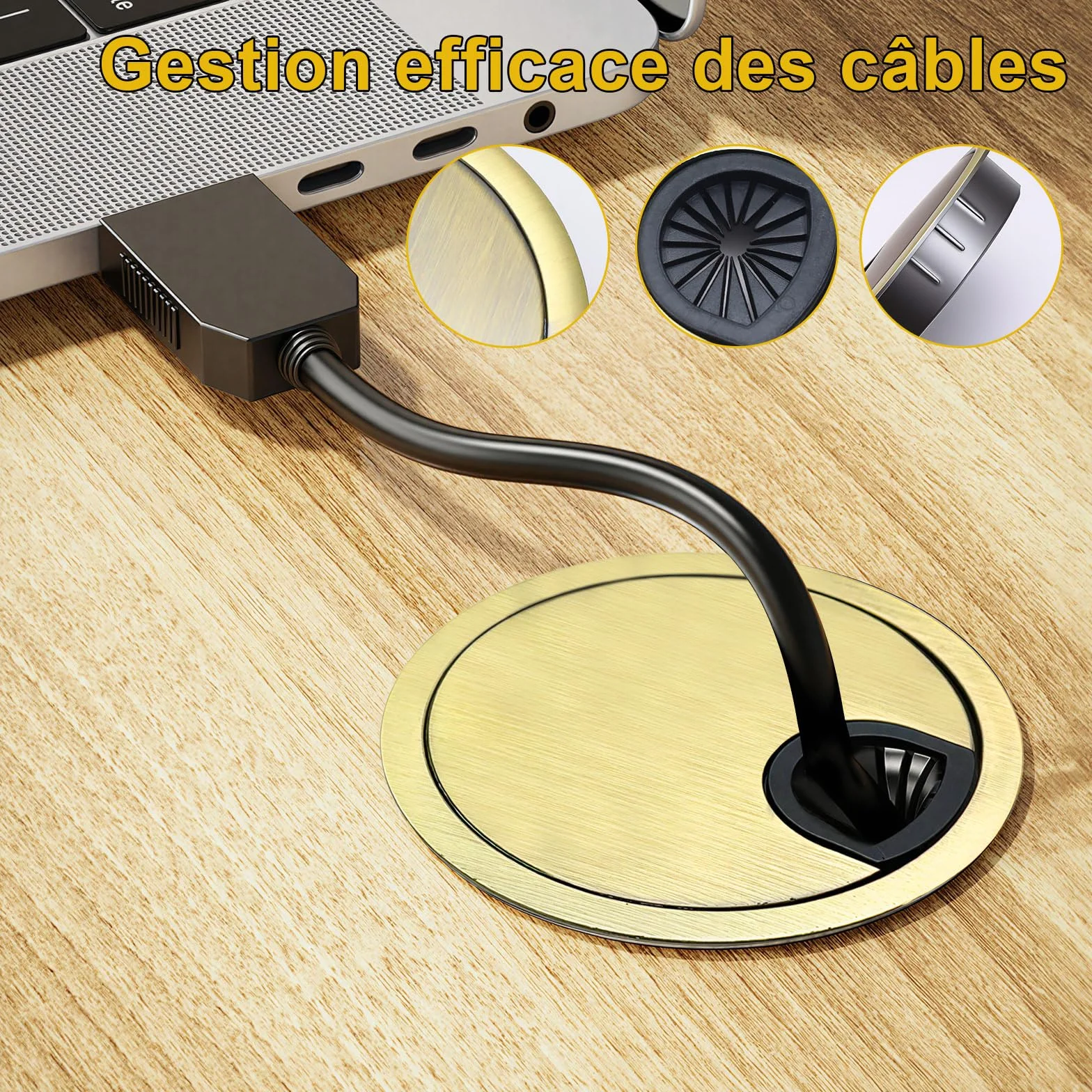 Cache Cable Trou Bureau Rond Ø77-80 mm Bronze Alliage de Zinc, Passage de Câbles pour Bureau