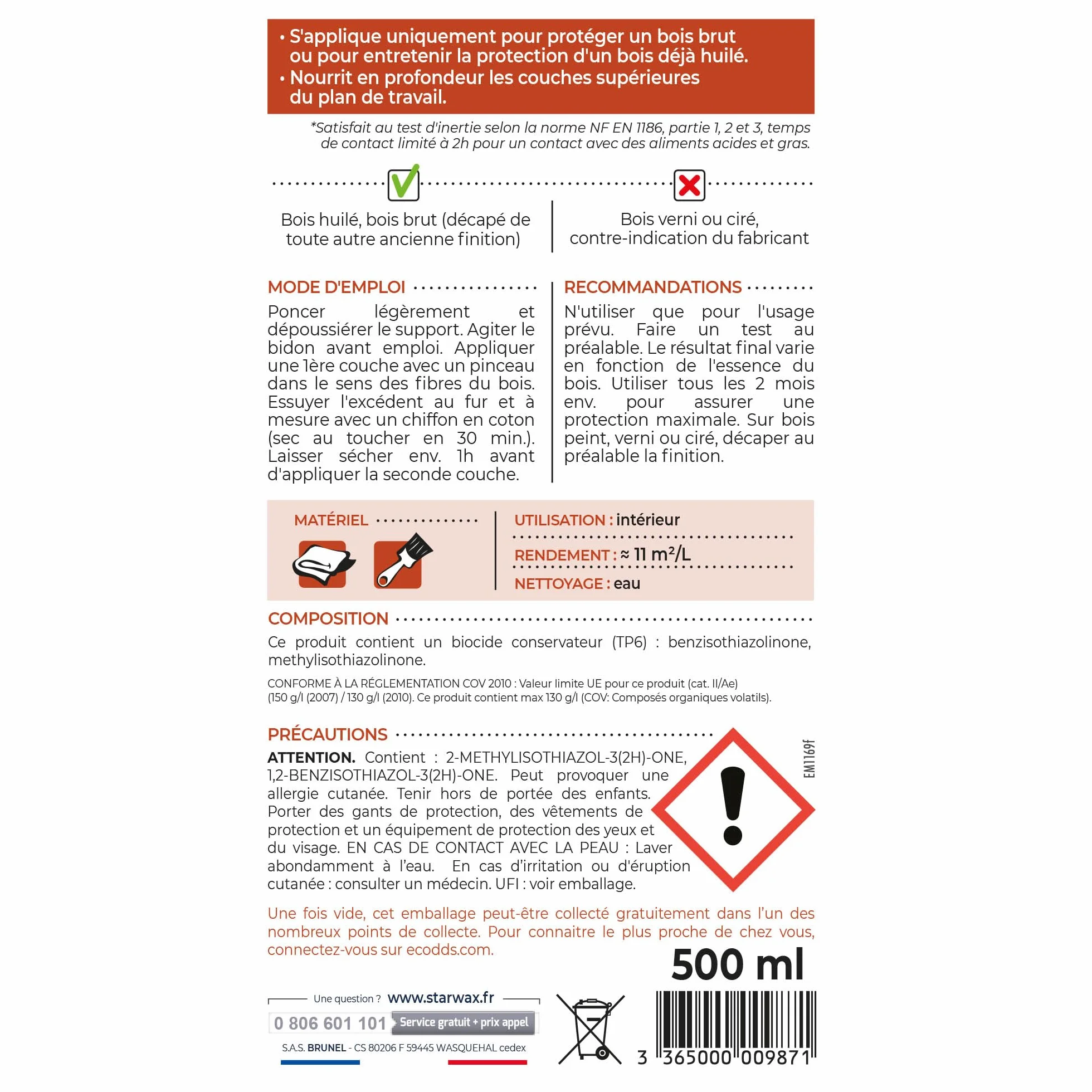 STARWAX Huile protectrice Plan de Travail 500ml mat incolore Apte au contact alimentaire