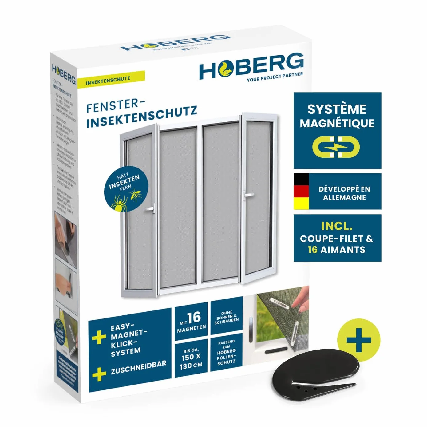 Hoberg Moustiquaire de fenêtre Fixation magnétique 150 x 130 cm découpable Noir