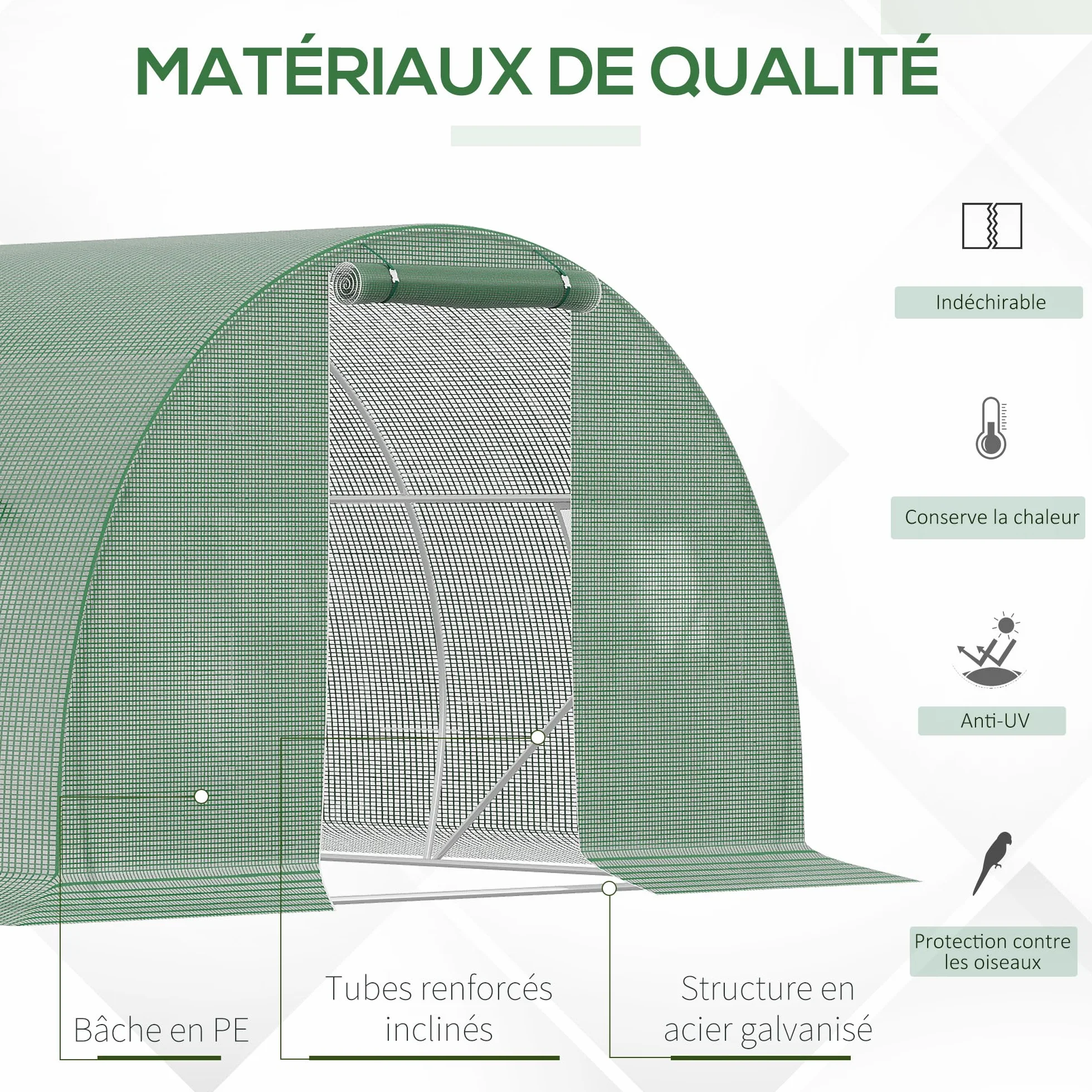 Outsunny Serre de Jardin Tunnel 13,5 m² dim. 4,5L x 3l x 2H m - 6 fenêtres, Porte zippée Enroulable - châssis Tubulaire Acier galvanisé, bâche PE Haute densité Vert