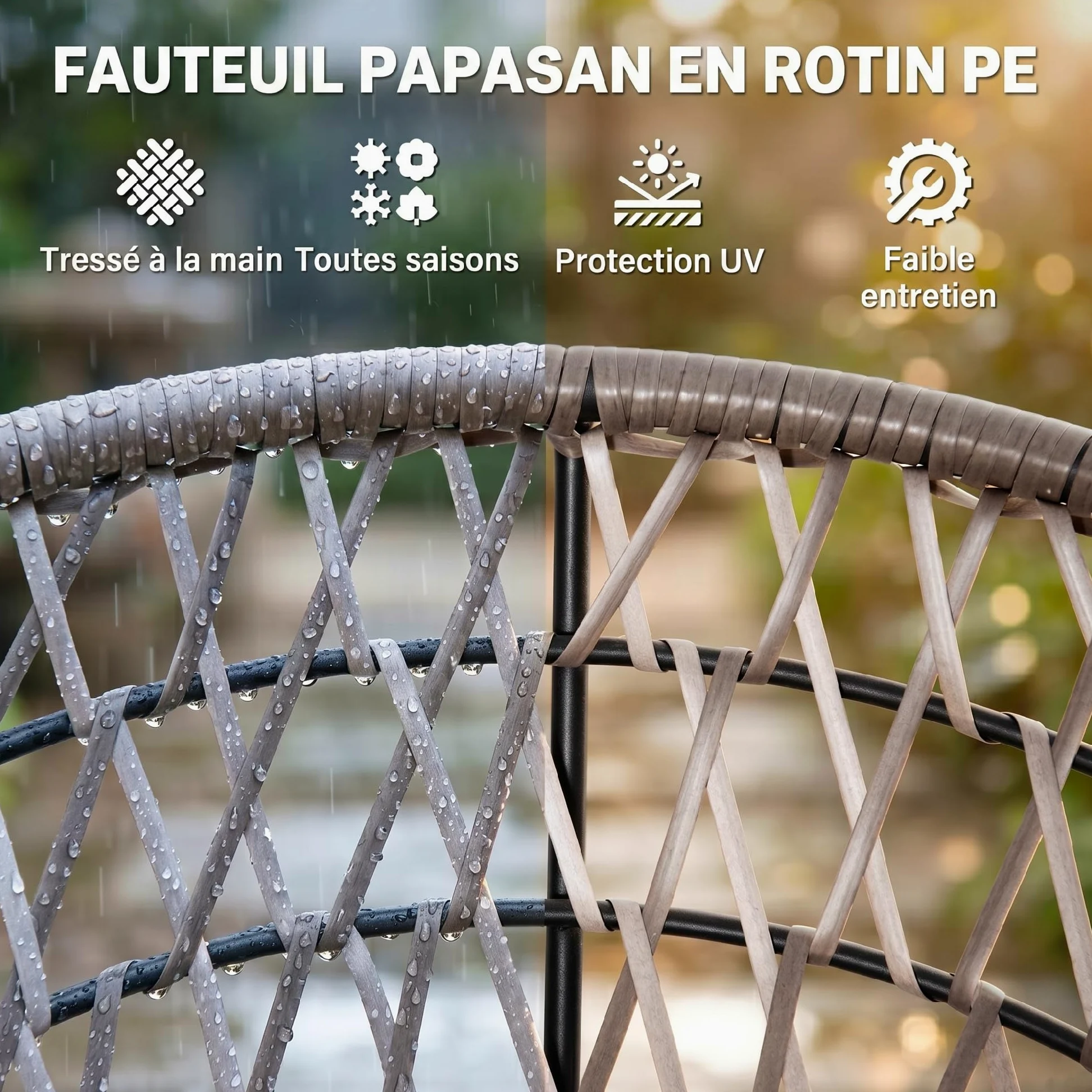 Outsunny Fauteuil Rond de Jardin Fauteuil papasan pivotant Grand Confort Ø 97 x 90H cm Grand Coussin fourni Polyester résine tressée crème