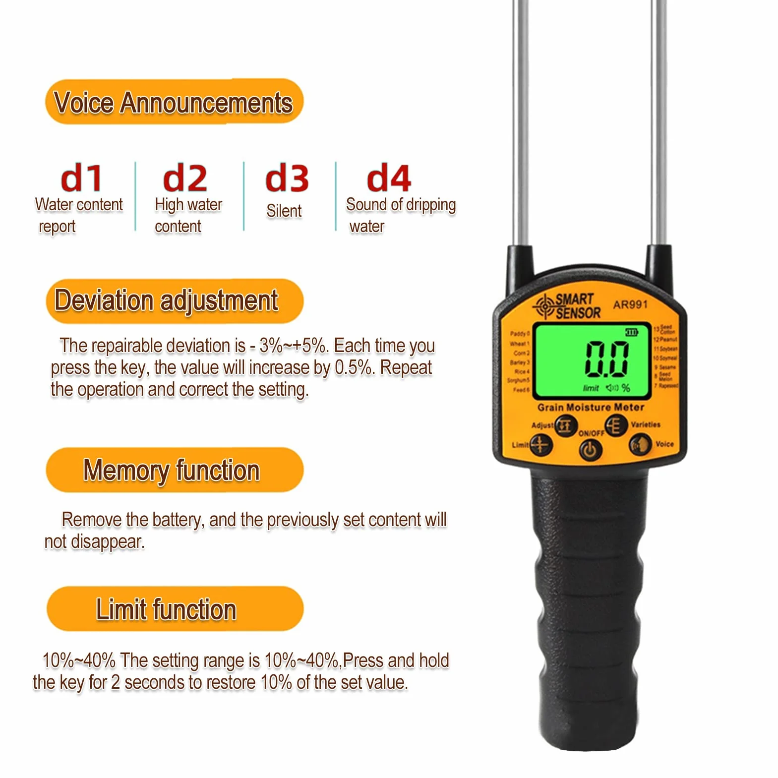 AR991 Humidimètre Numérique LCD pour Grain, Testeur d'Humidité Portable, Analyseur de Teneur en Eau avec Sonde