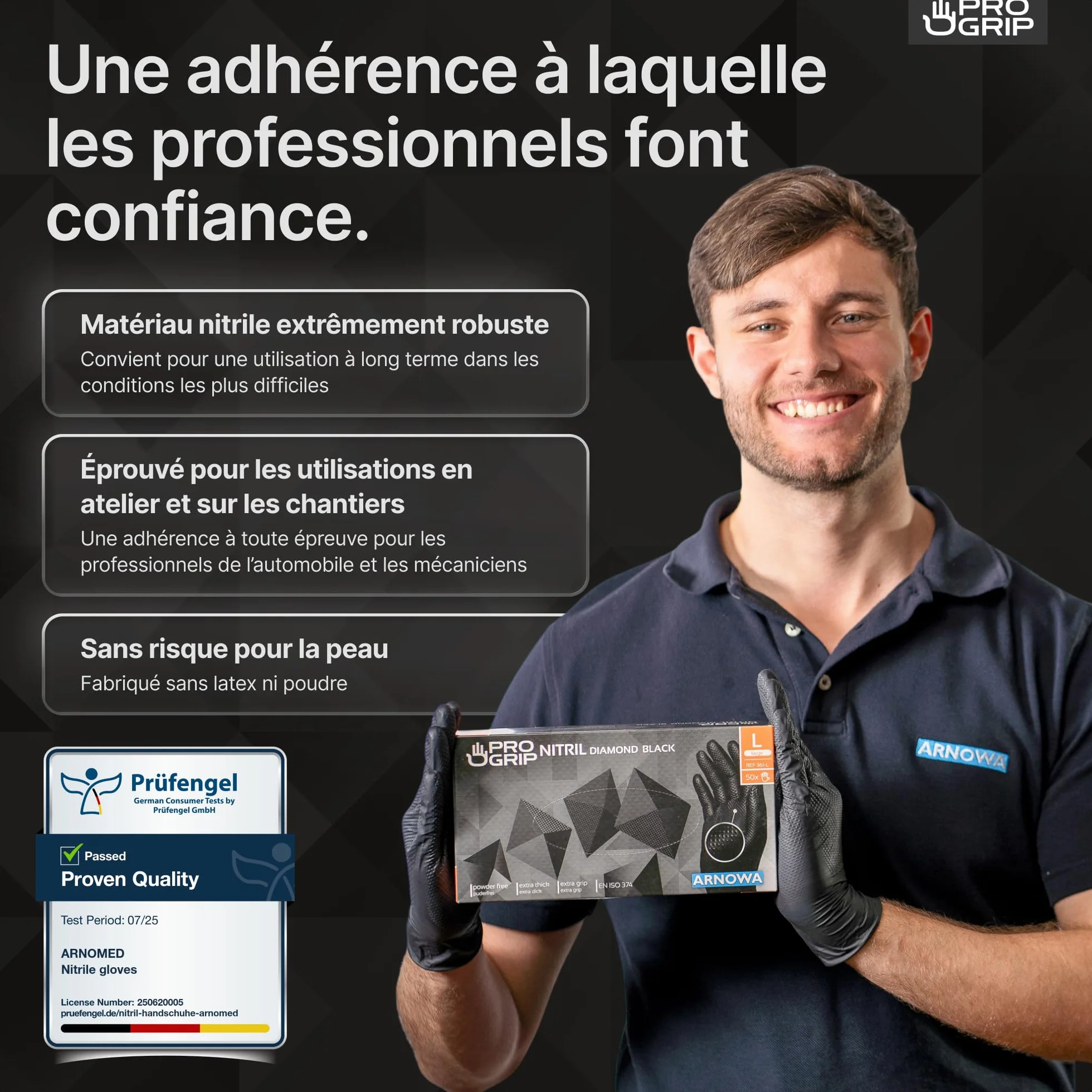 PROGRIP Gants nitrile taille L Noir double épaisseur texture diamantée usage unique atelier industrie montage