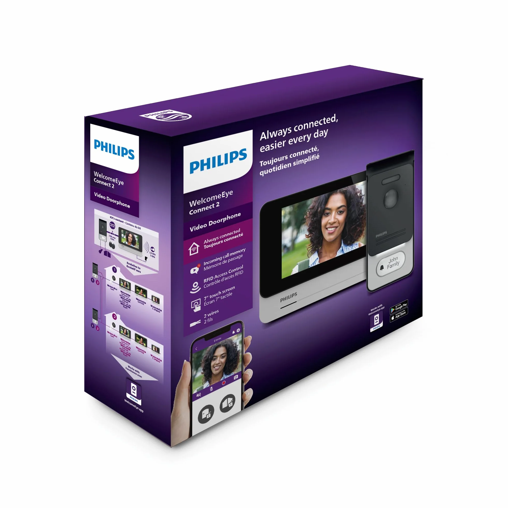 Philips WelcomeEye Connect 2 Visiophone Connecté Écran Tactile 7 Pouces Contrôle Application Smartphone Badges RFID Vision Nocturne 130 Degrés