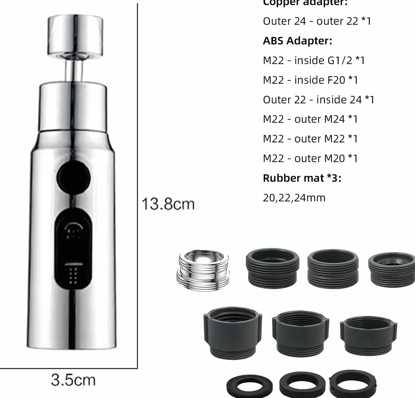 360° Rotatif Douchette Evier Cuisine 3 Modes Mousseur Robinet avec 7 Adaptateur Économiseur