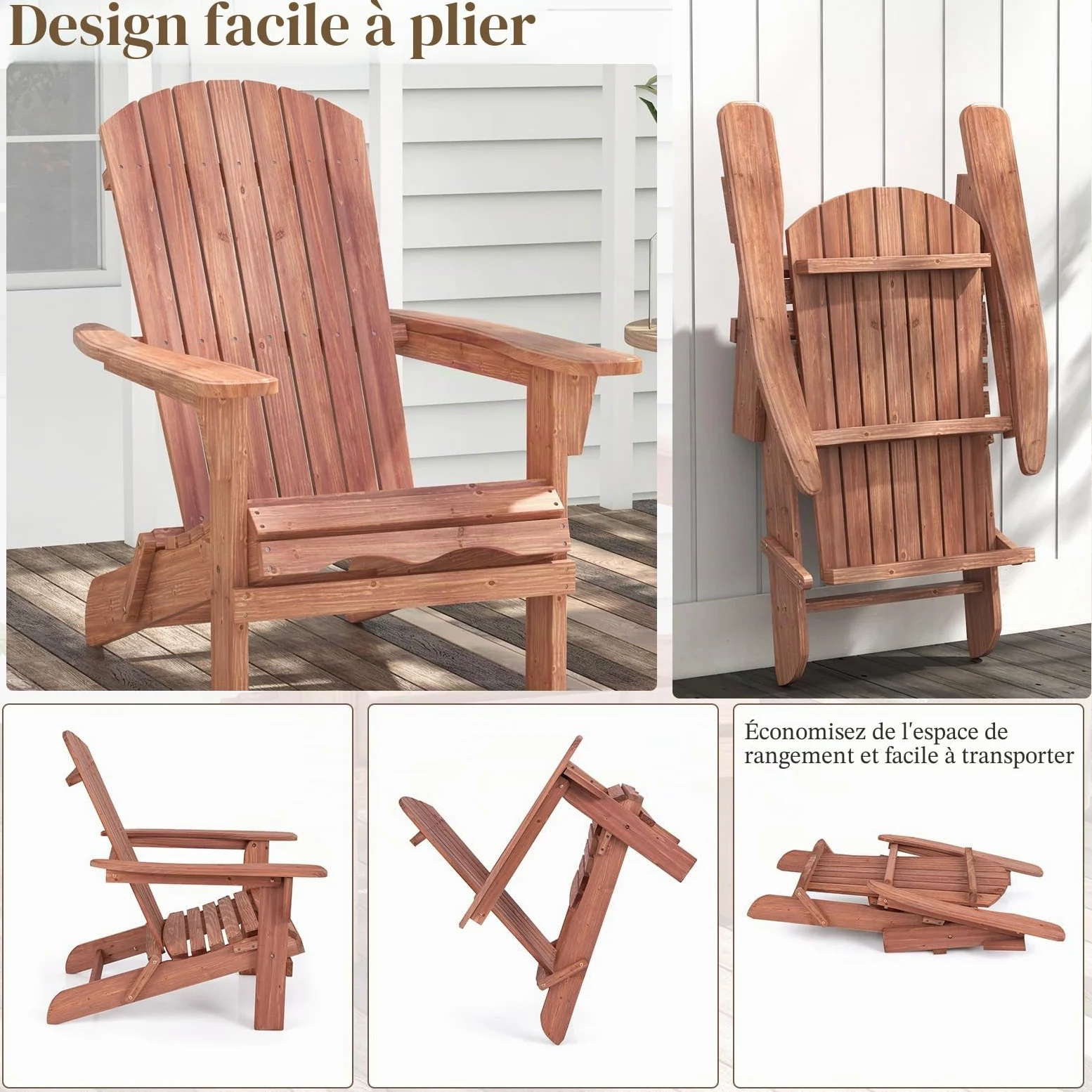 KOMFOTTEU Fauteuil Adirondack, Bois de Sapin, Chaise de Jardin Pliable, Charge de 180 kg, Design Ergonomique, Chaise de feu de Camp, Sièges en Terrasse avec Dossier et Accoudoirs (Lot de 1, Naturel)