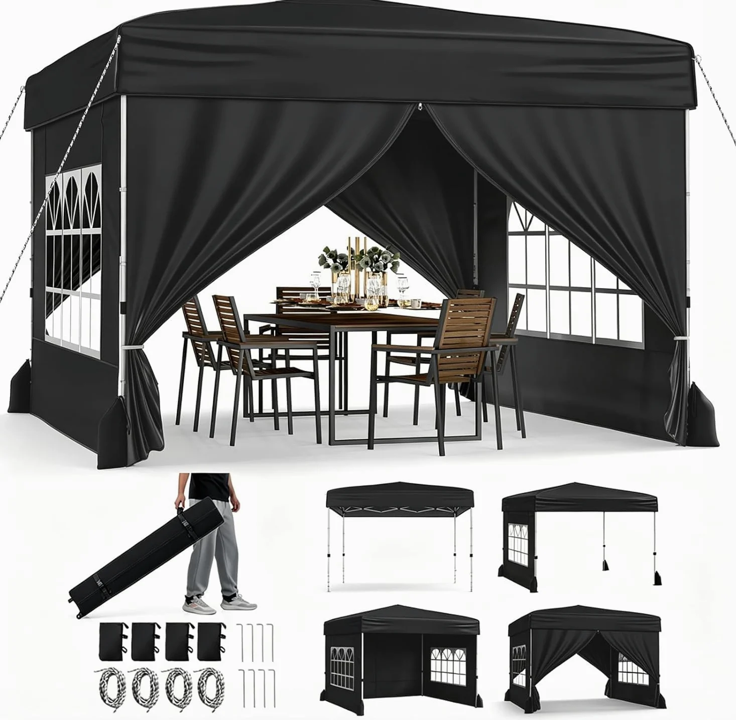 GOPLUS Tonnelle de Jardin Pliante 3x3m, Barnum Pliant Imperméable & Anti-UV, Tente de Réception Pop-Up avec 4 Parois Amovibles, Gazebo Portable avec Sac à roulettes pour Marché, Camping, Fêtes (Noir)